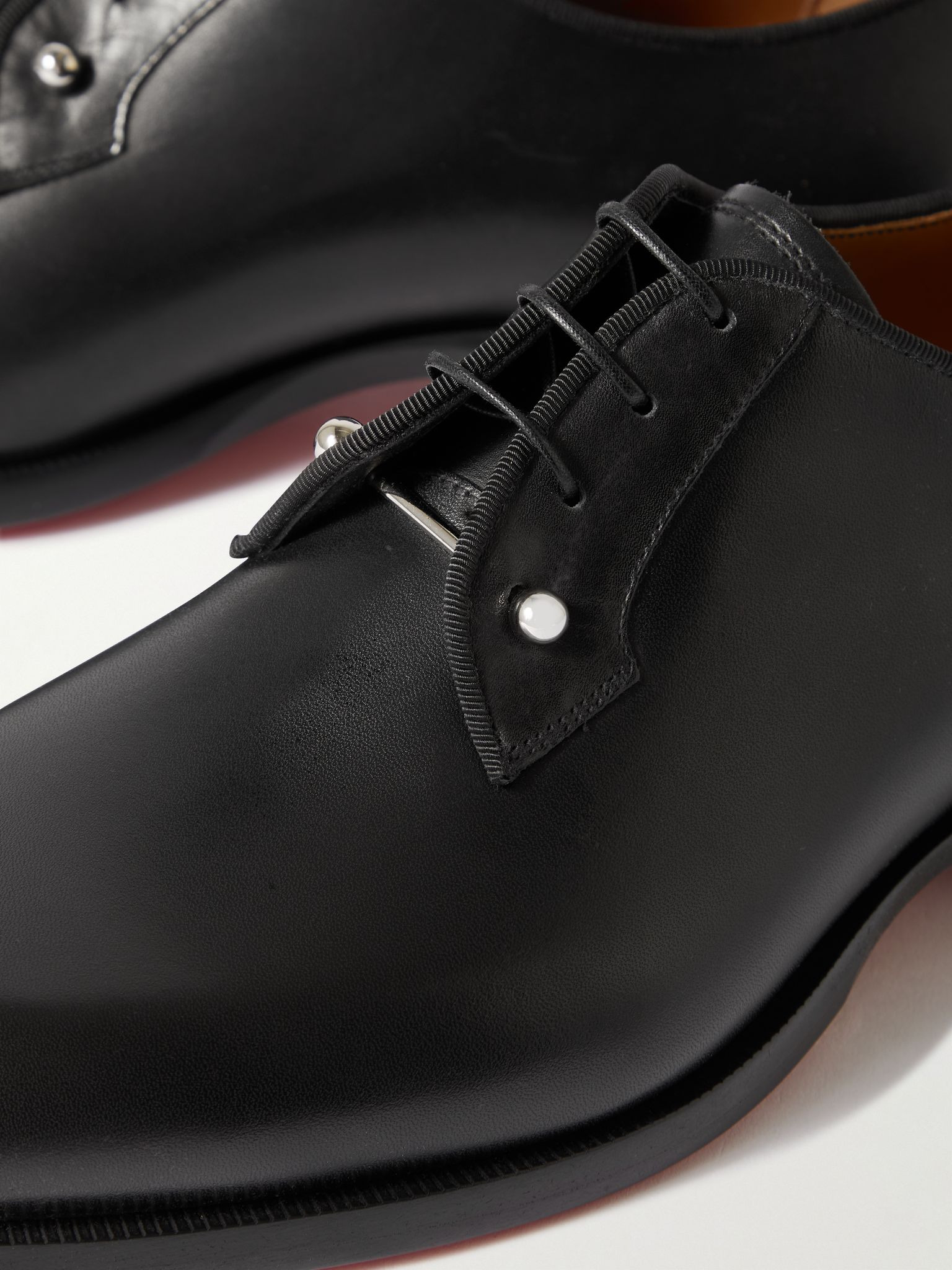 Chambeliss Grosgrain-Trimmed Embellished Leather Derby Shoes Black - 6