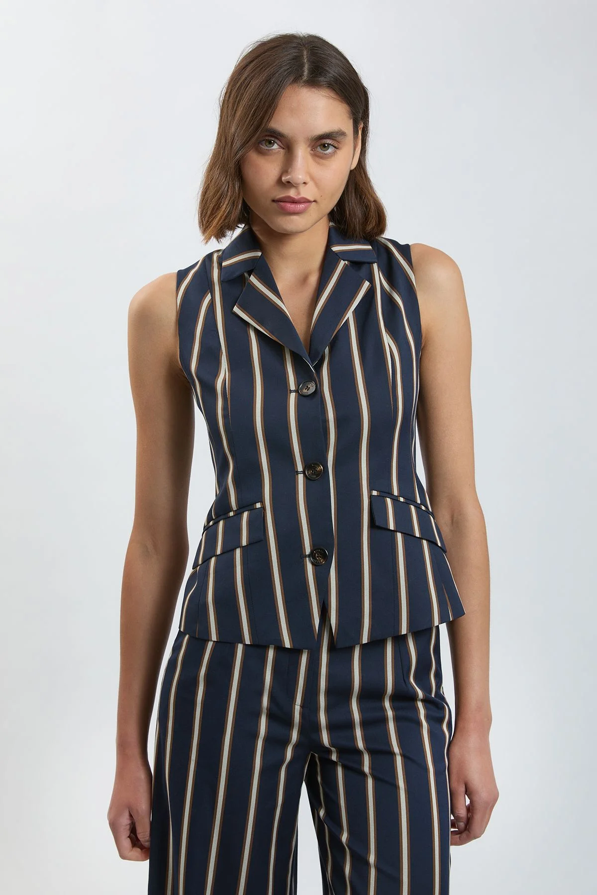 Stripe Single Breasted Sleeveless Jacket - 1