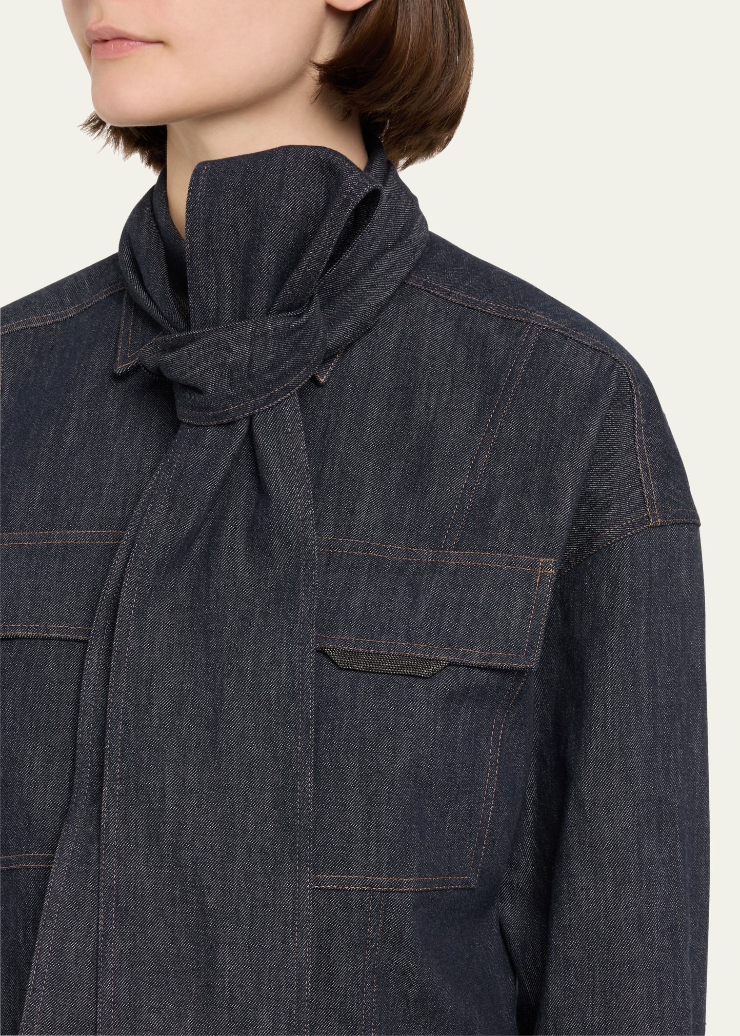 Lightweight Denim Shirt With Removable Bow - 5