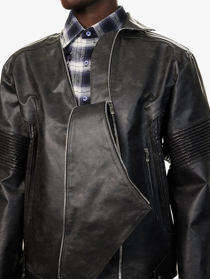 Asymmetrical-Neck Zip-Up Leather Jacket - 6