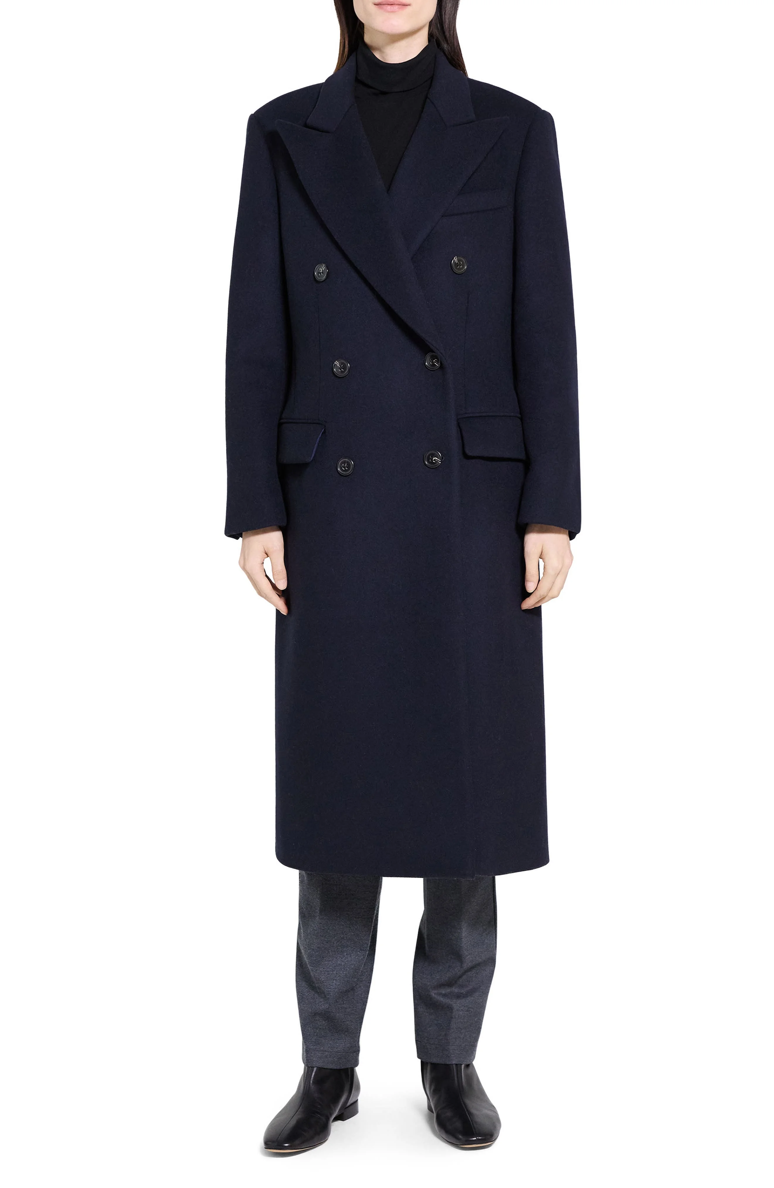 Theory Peak Lapel Double Breasted Wool Blend Coat in Baltic at Nordstrom - 1