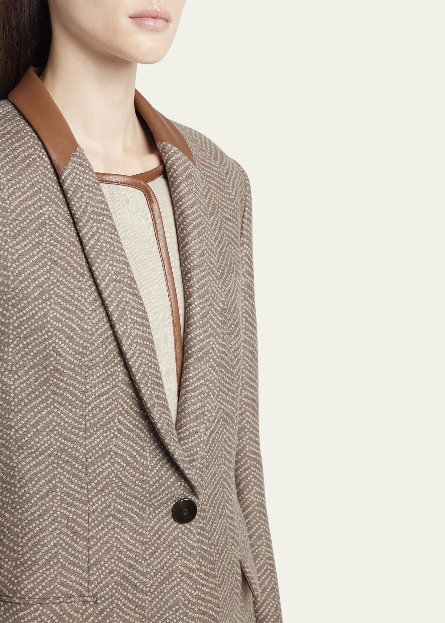 Chevron Wool Single-Breasted Blazer with Leather Trim - 5