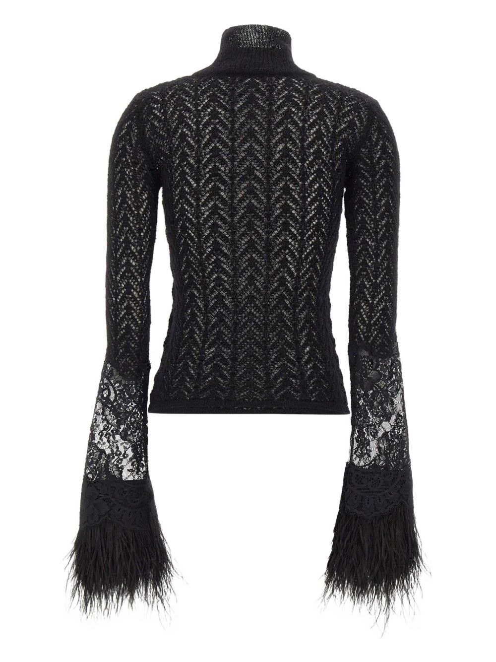 lace-insert feather-cuff sweater - 2