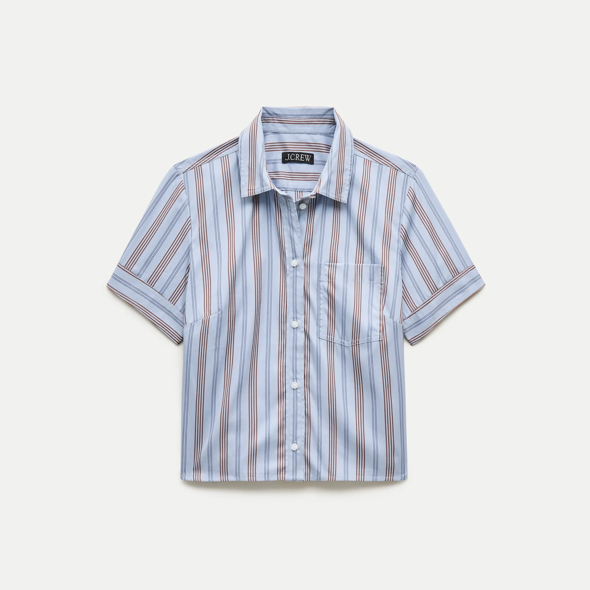 Cropped button-up short-sleeve shirt in striped poplin - 1