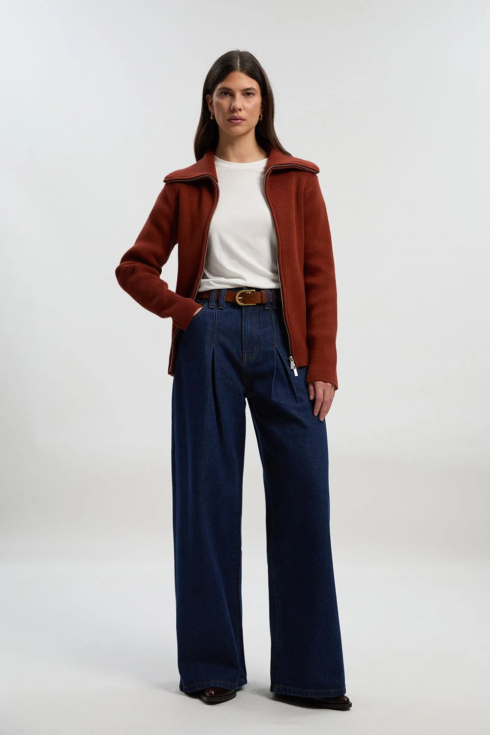 Denim Pleat Front Wide Leg Jeans - 1