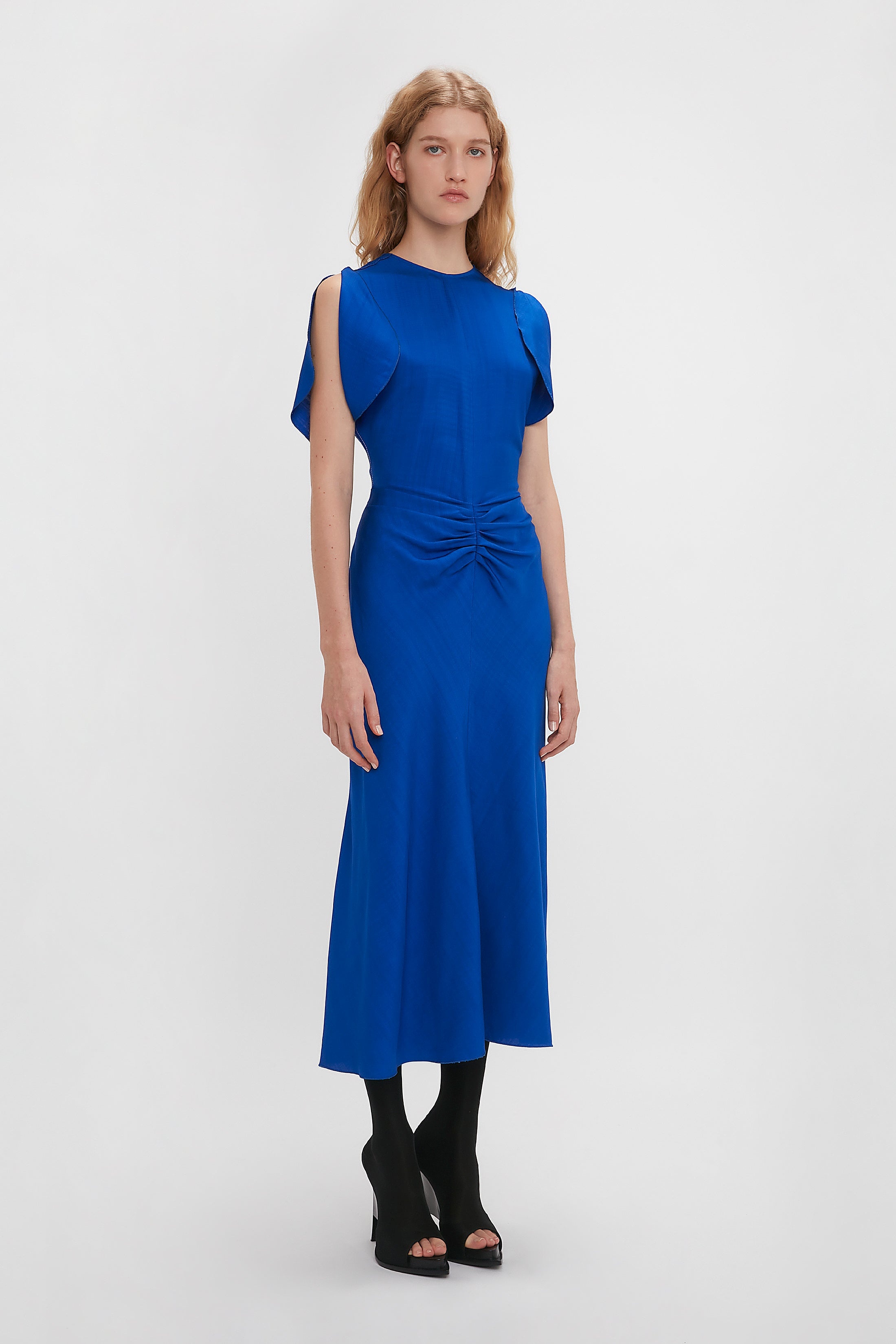 Gathered Waist Midi Dress In Palace Blue - 3