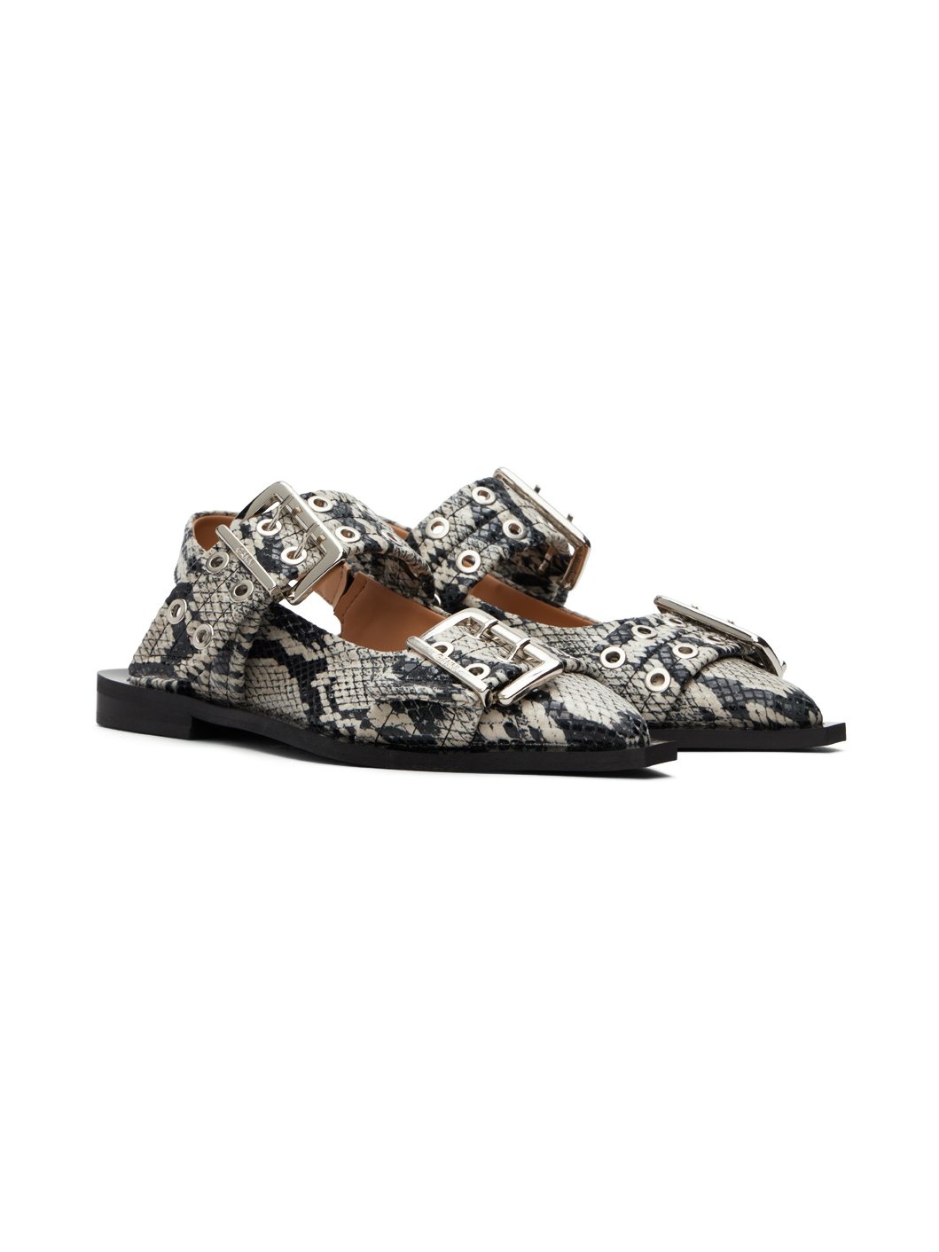 Beige & Black Snake Printed Chunky Buckle Ballerina Flats - 4