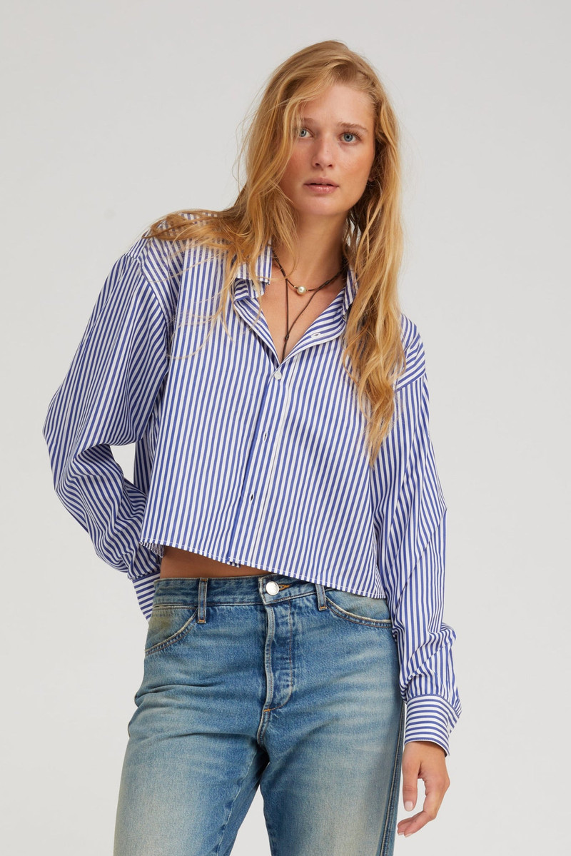 SPRWMN ROYAL BLUE STRIPED CROPPED BUTTON DOWN outlook