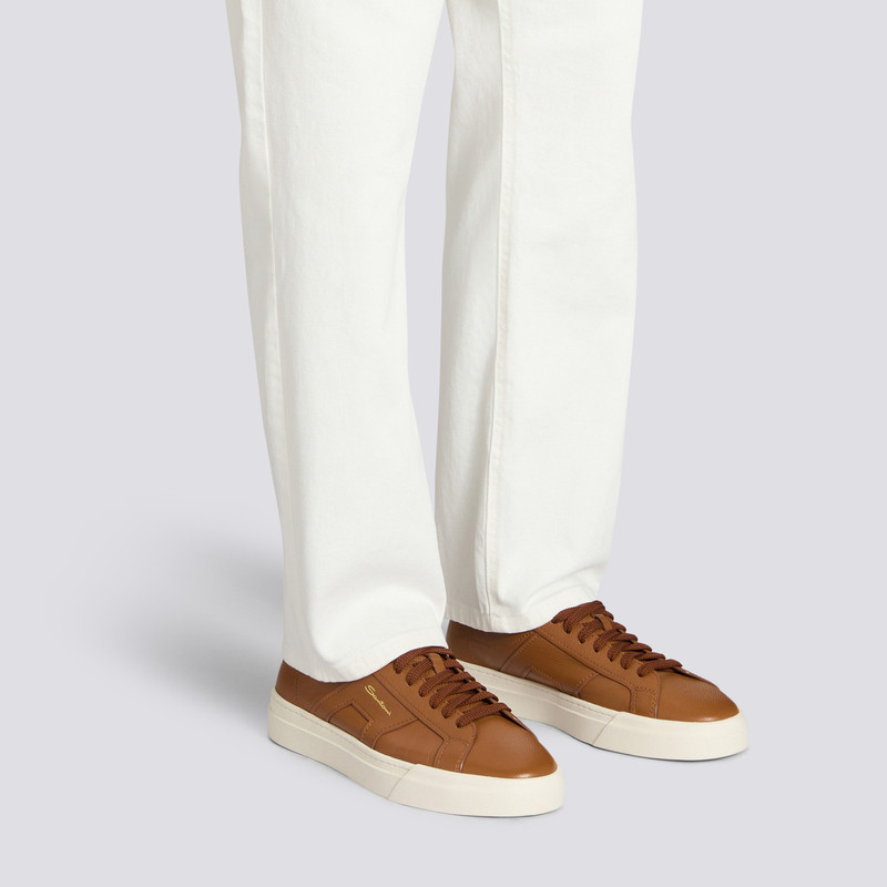 Santoni Men's light brown tumbled leather Double Buckle Sneaker outlook
