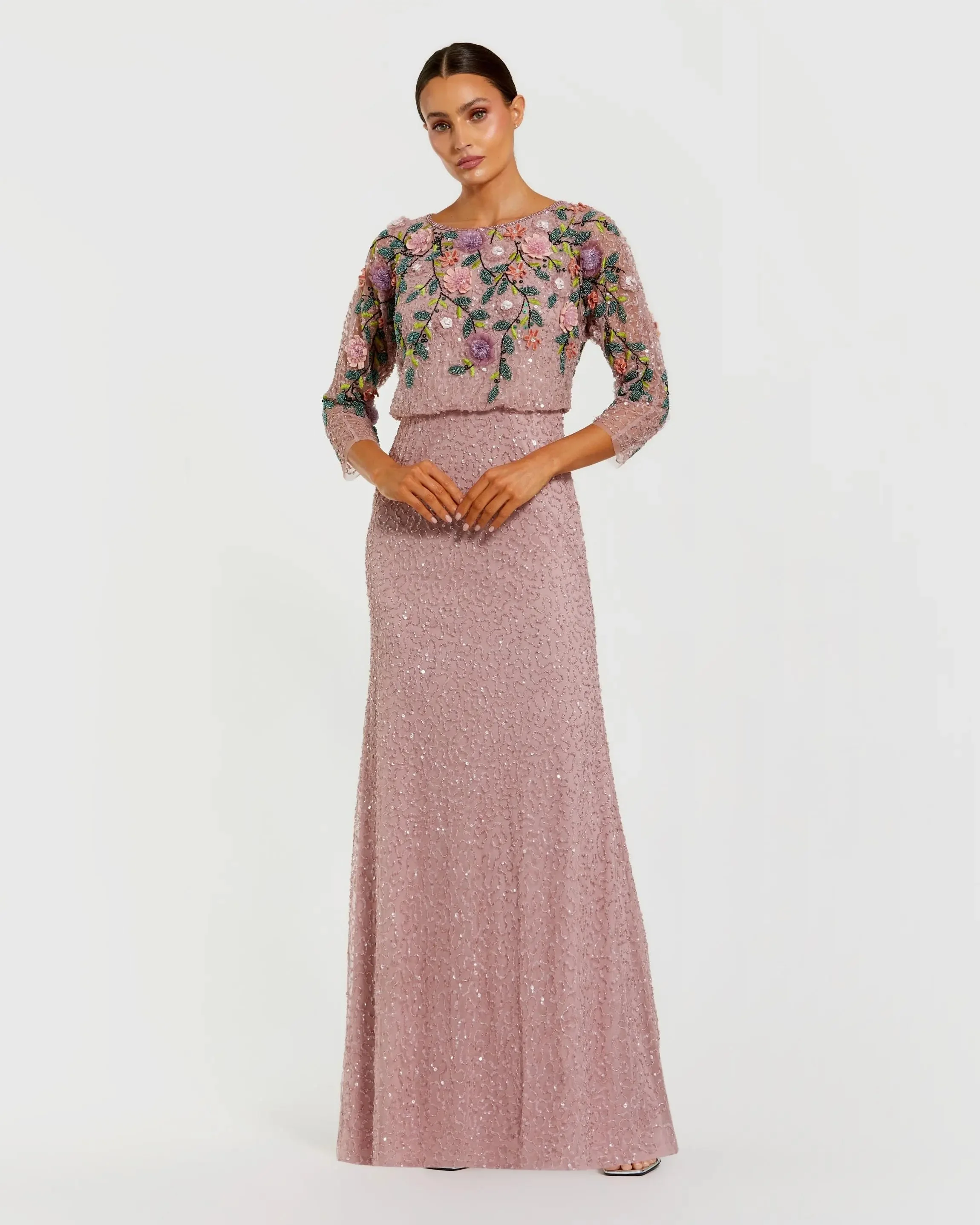 Vintage Lilac Multi Floral Embellished Long Sleeve Gown - 1