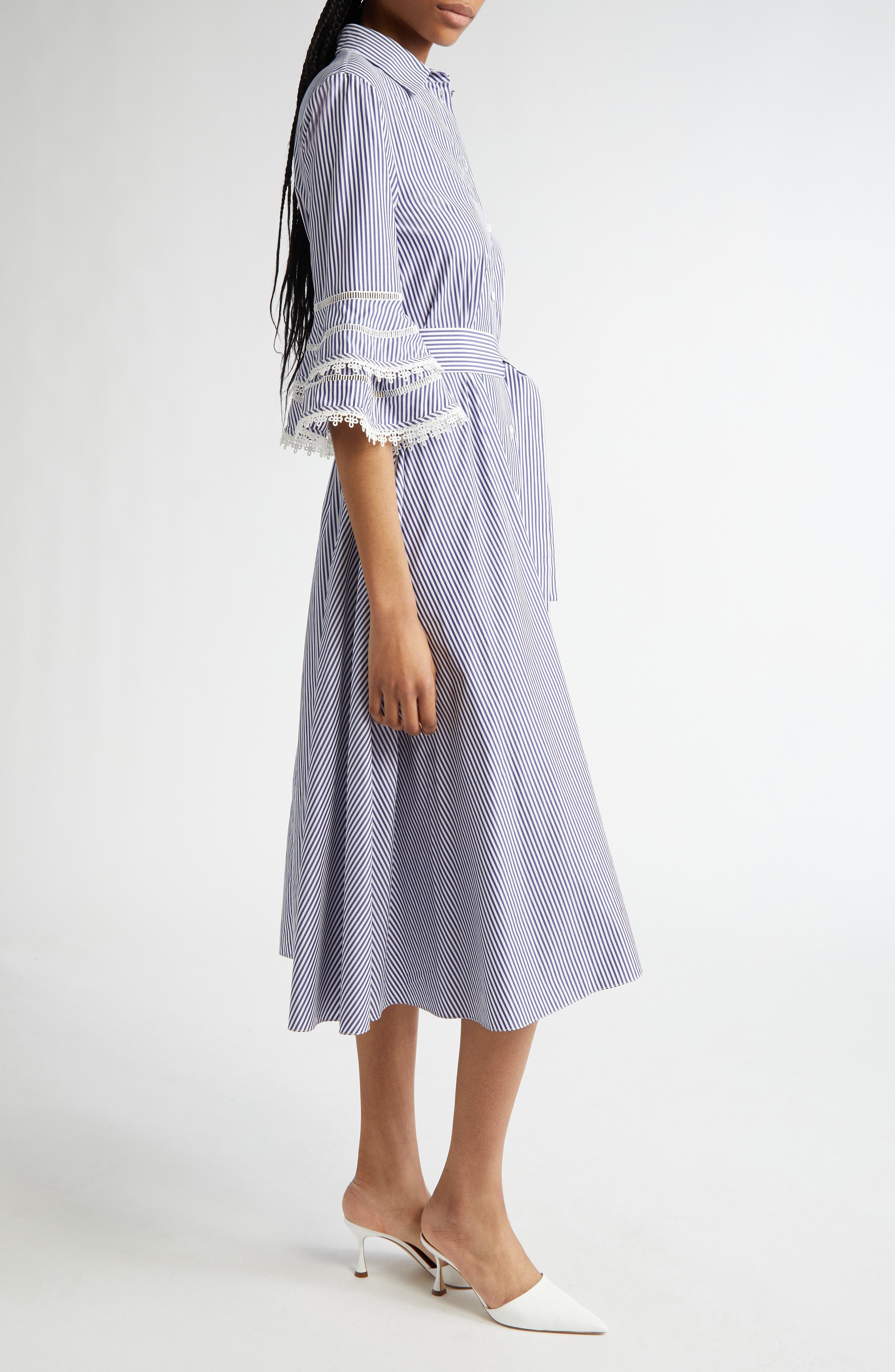 Carolina Herrera Stripe Tiered Ruffle Sleeve Belted Poplin Shirtdress in White/Blue at Nordstrom - 3