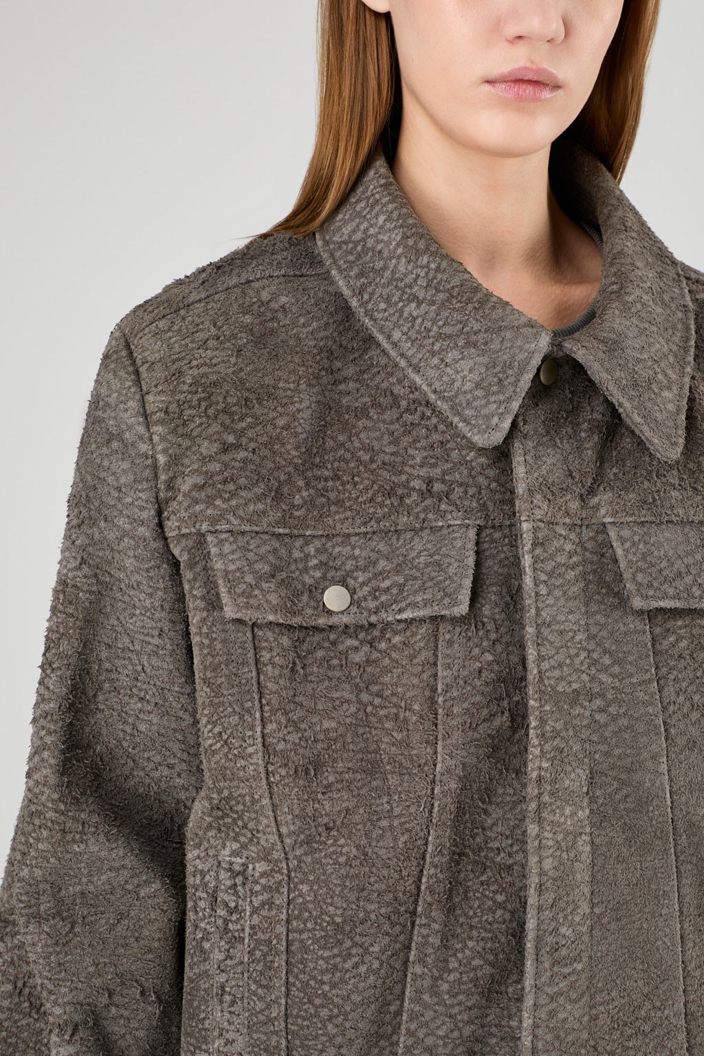 Gray Wrinkled Suede Leather Jacket - 6