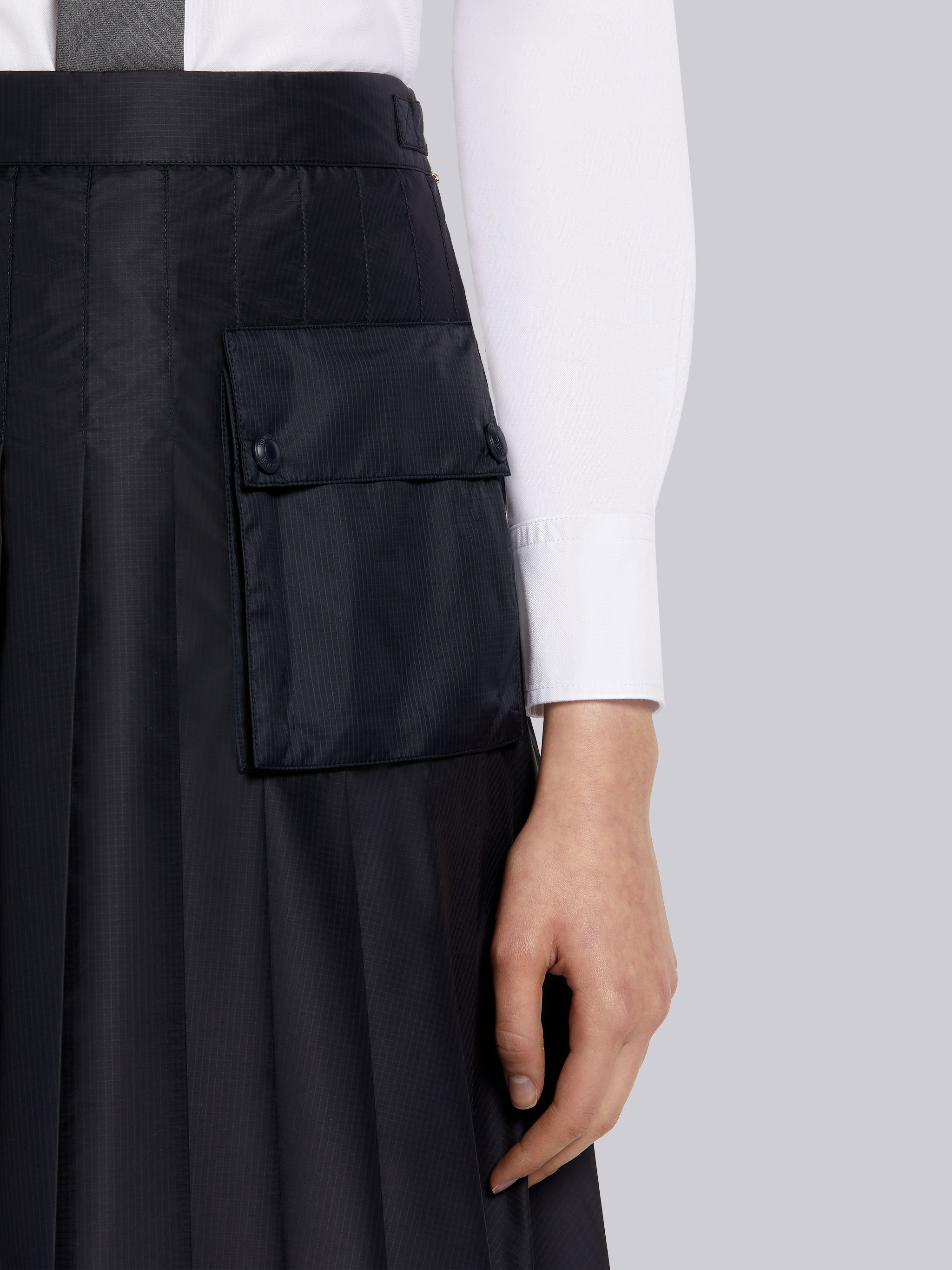 Navy Sheer Ripstop Cargo Pocket Knee Length Pleated Skirt - 5