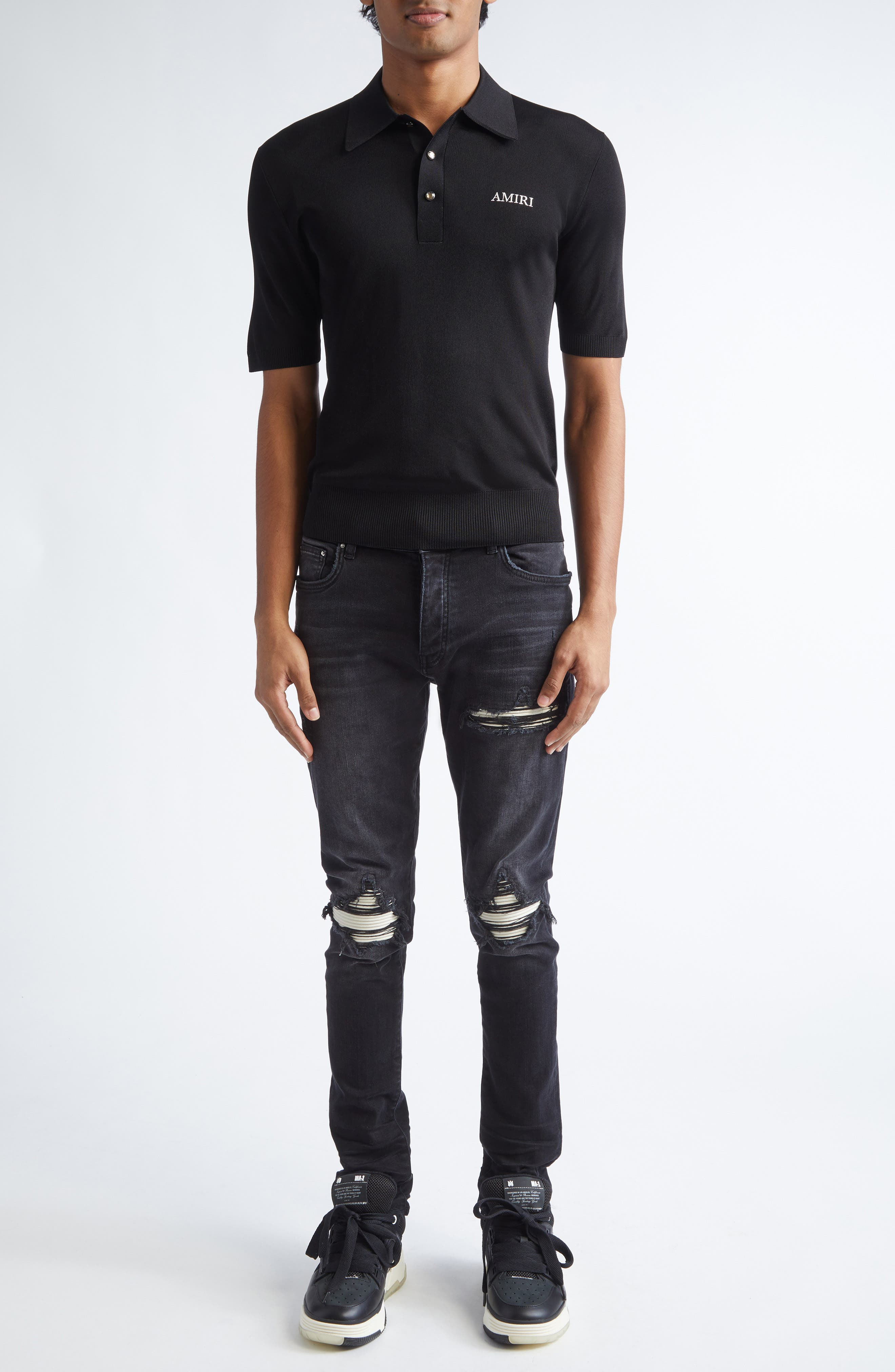 AMIRI MX1 Ultrasuede Patched Skinny Jeans in Vintage Black at Nordstrom - 2