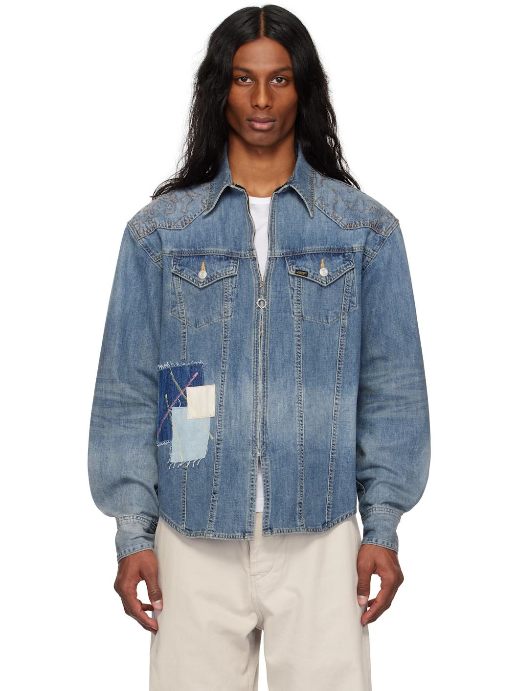 Blue Embroidery Patchwork Denim Shirt - 1