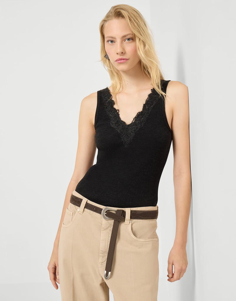Ribbed wool jersey top with wispy lace embroidery 4
