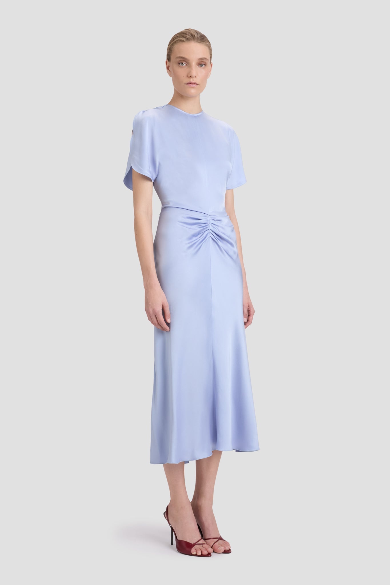 Gathered Waist Midi Dress In Delphinium Blue - 3