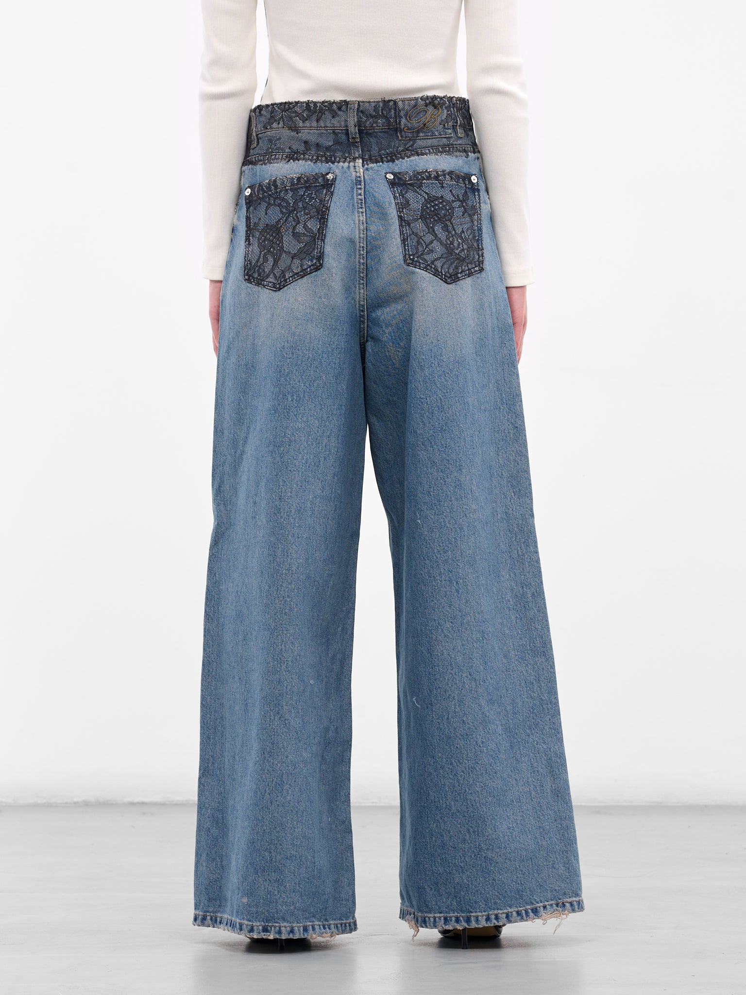 Blue Denim Lace Wide Jeans - 3