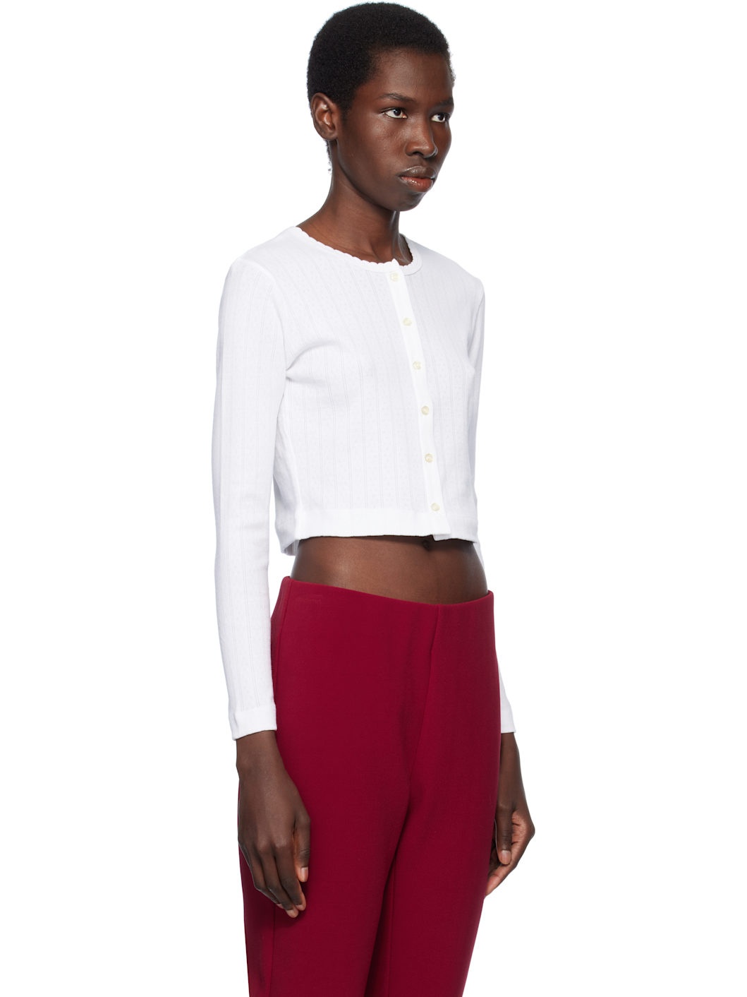 White Pointelle Crop Cardigan - 2