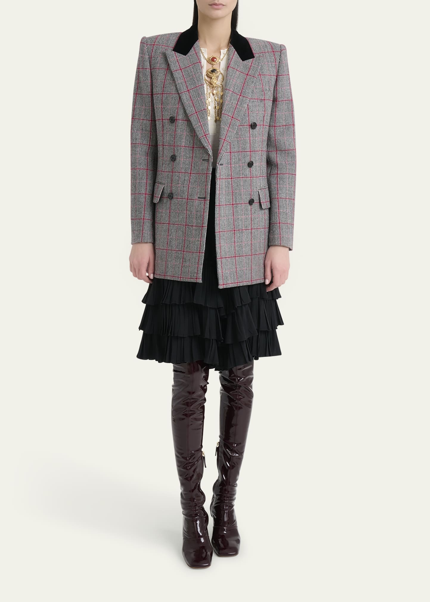 Check Wool Velvet-Trim Double-Breasted Jacket - 2