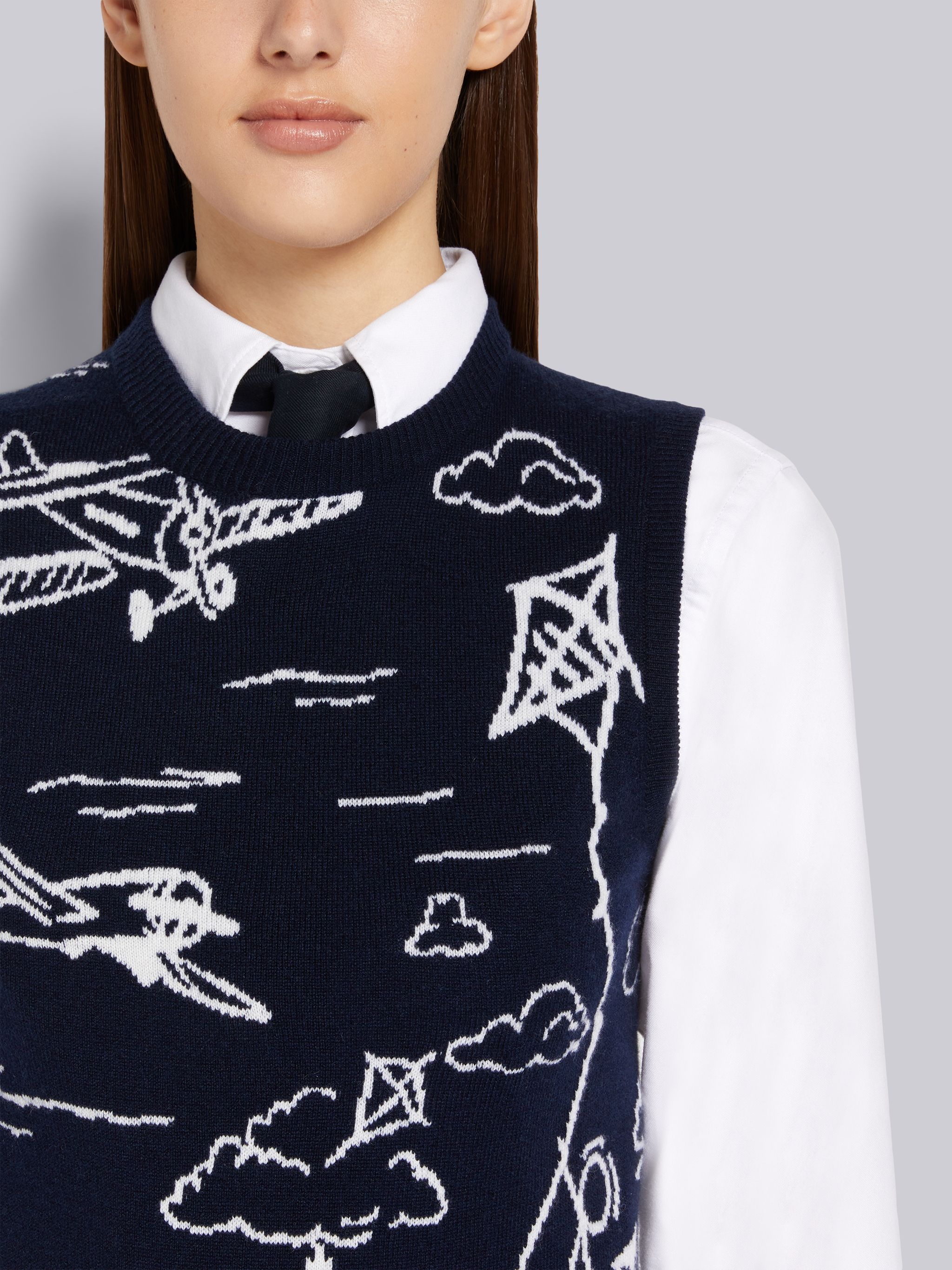 Navy Sky Toile Intarsia Cashmere Silk Lined Shell Top - 5