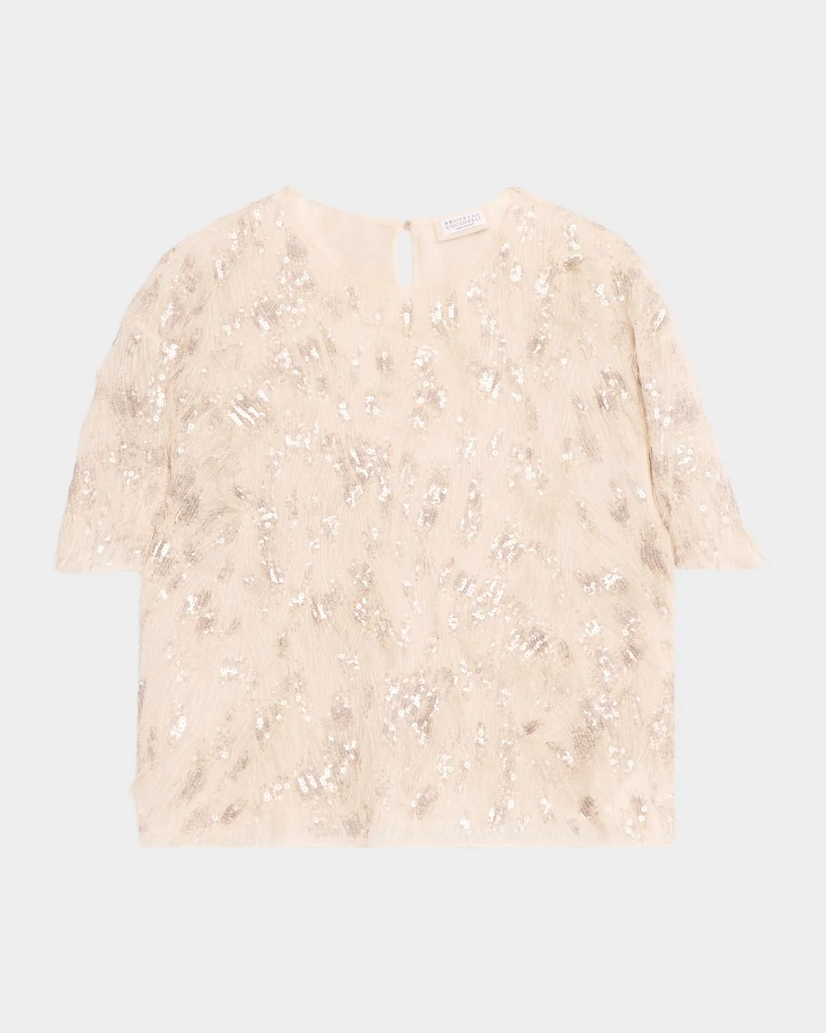 Animalier Sequined Fringe Silk Short-Sleeve Top - 1