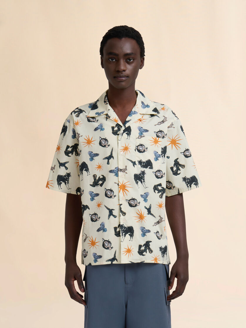 OFF-WHITE POPLIN BOWLING SHIRT WITH WOLVES, RAVENS AND DOVES PRINT - 2