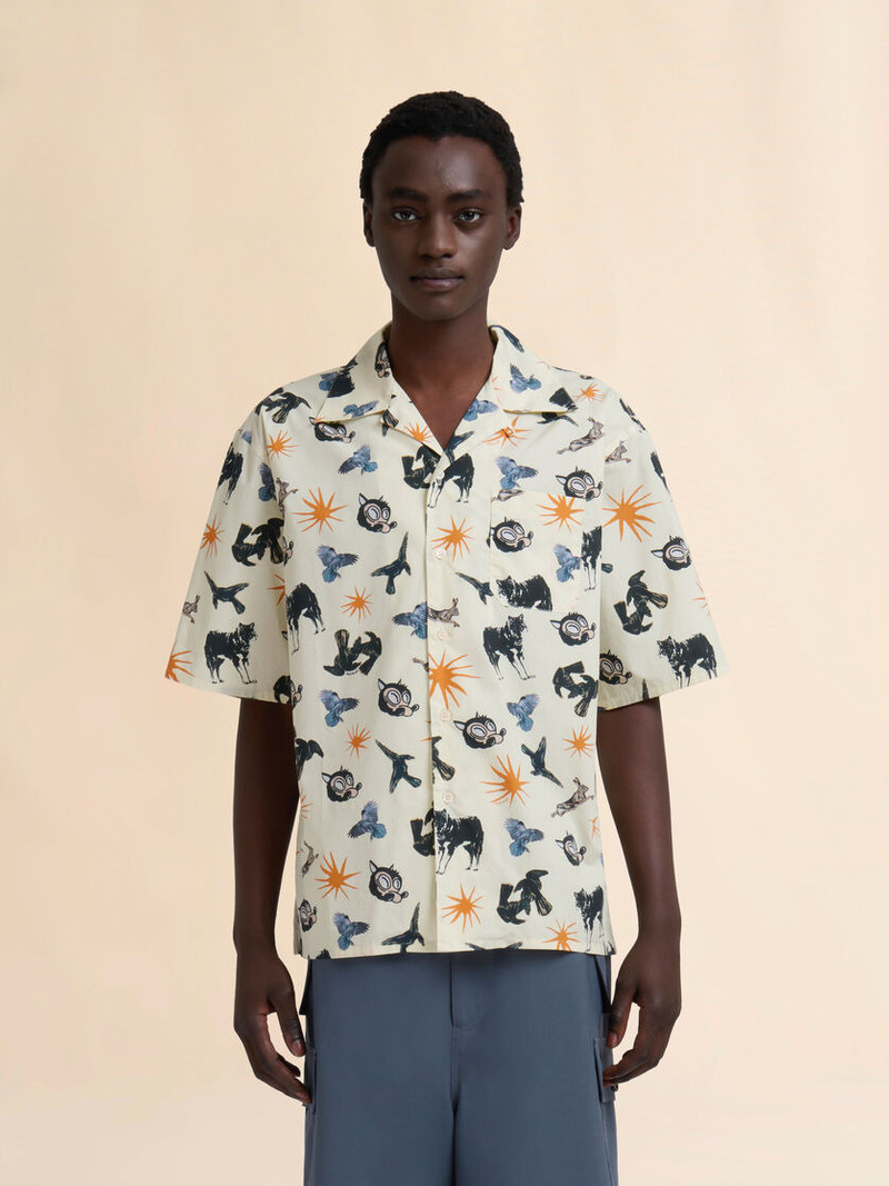Marni OFF-WHITE POPLIN BOWLING SHIRT WITH WOLVES, RAVENS AND DOVES PRINT outlook