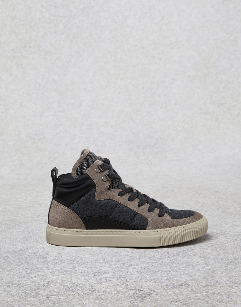 Suede and virgin wool flannel high-top sneakers with precious tongue 1