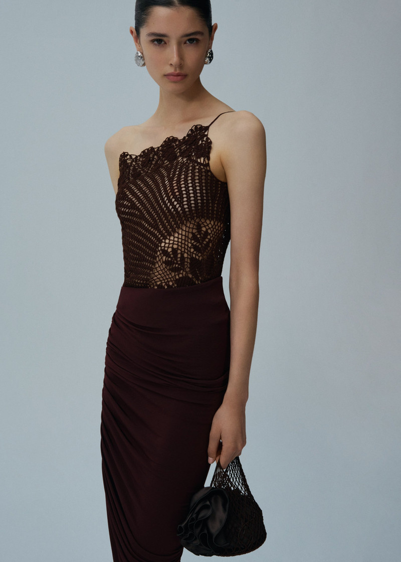 MAGDA BUTRYM Lace crochet one shoulder top in brown outlook