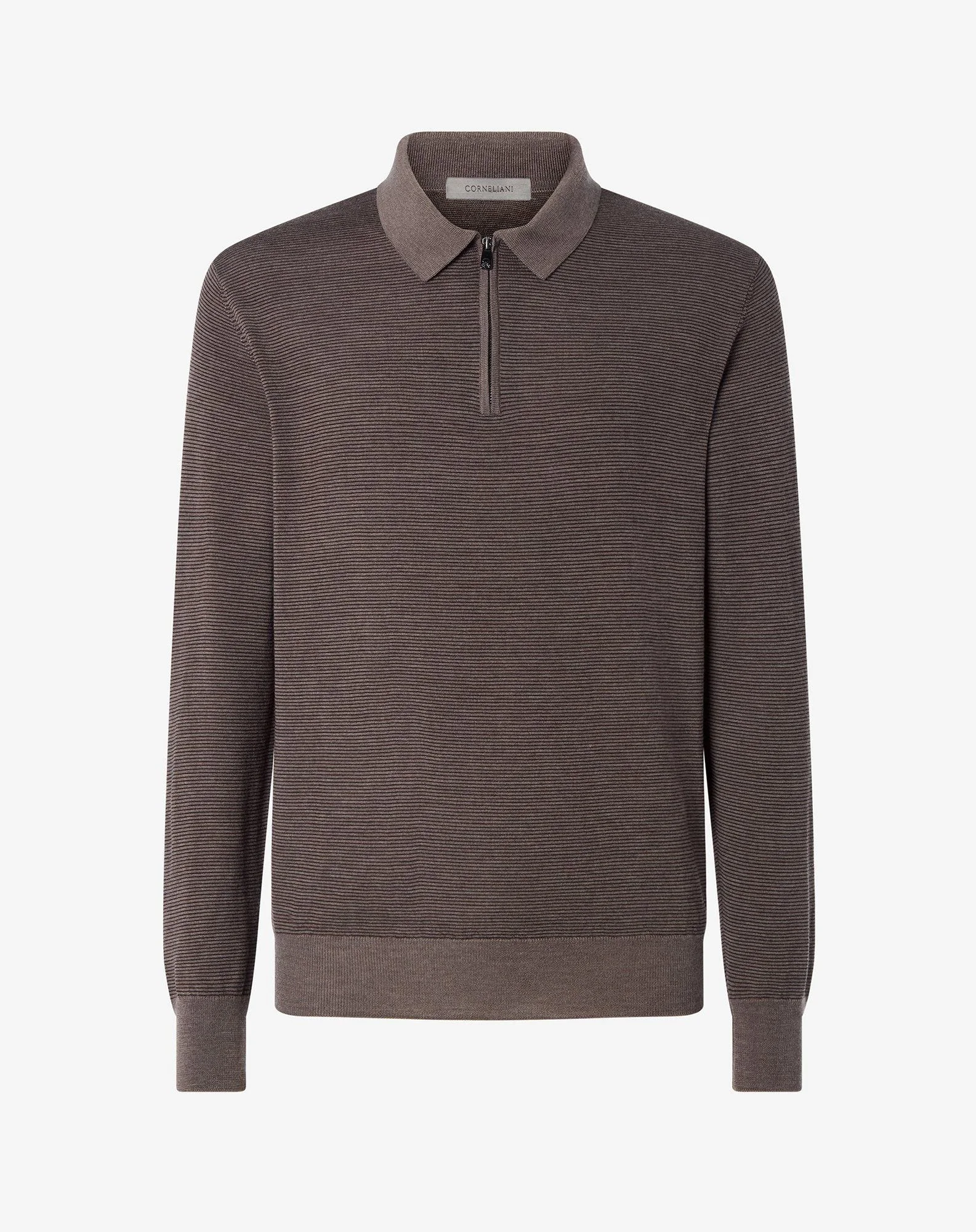 Striped long-sleeved zip-up polo shirt made from pure extra fine wool in two tones of brown - 1