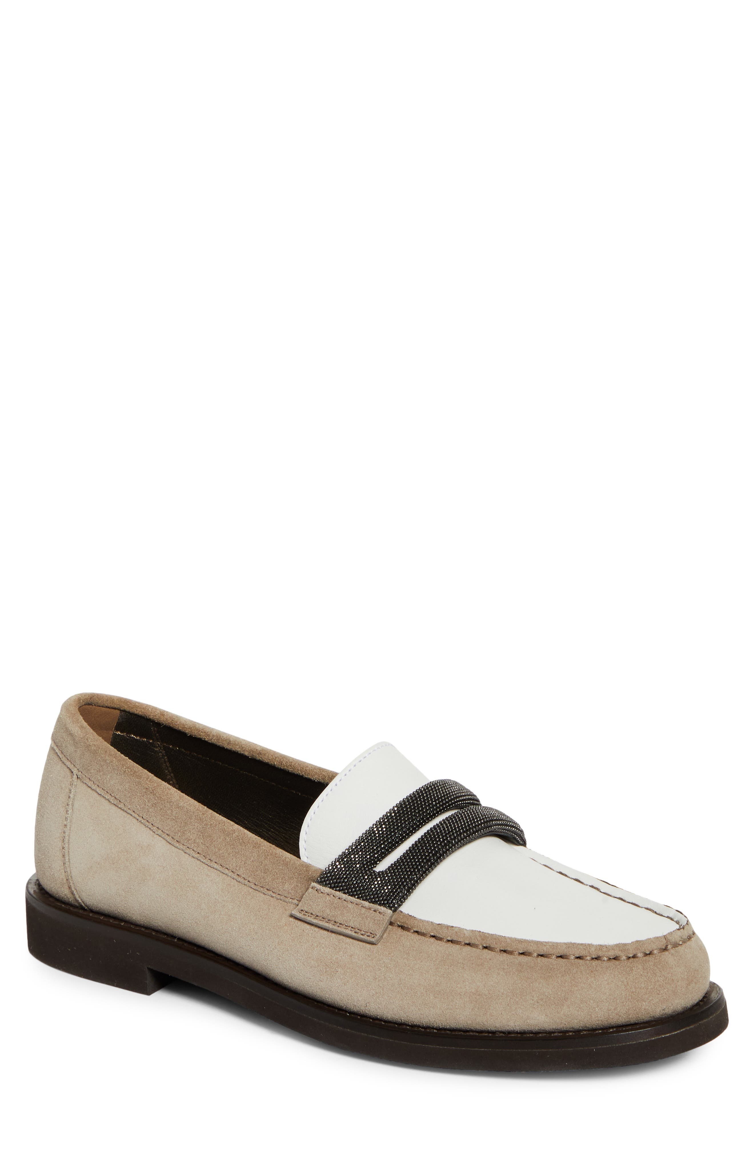 Brunello Cucinelli Monili Trim Mixed Media Penny Loafer in C5859 Dark Beige at Nordstrom - 1