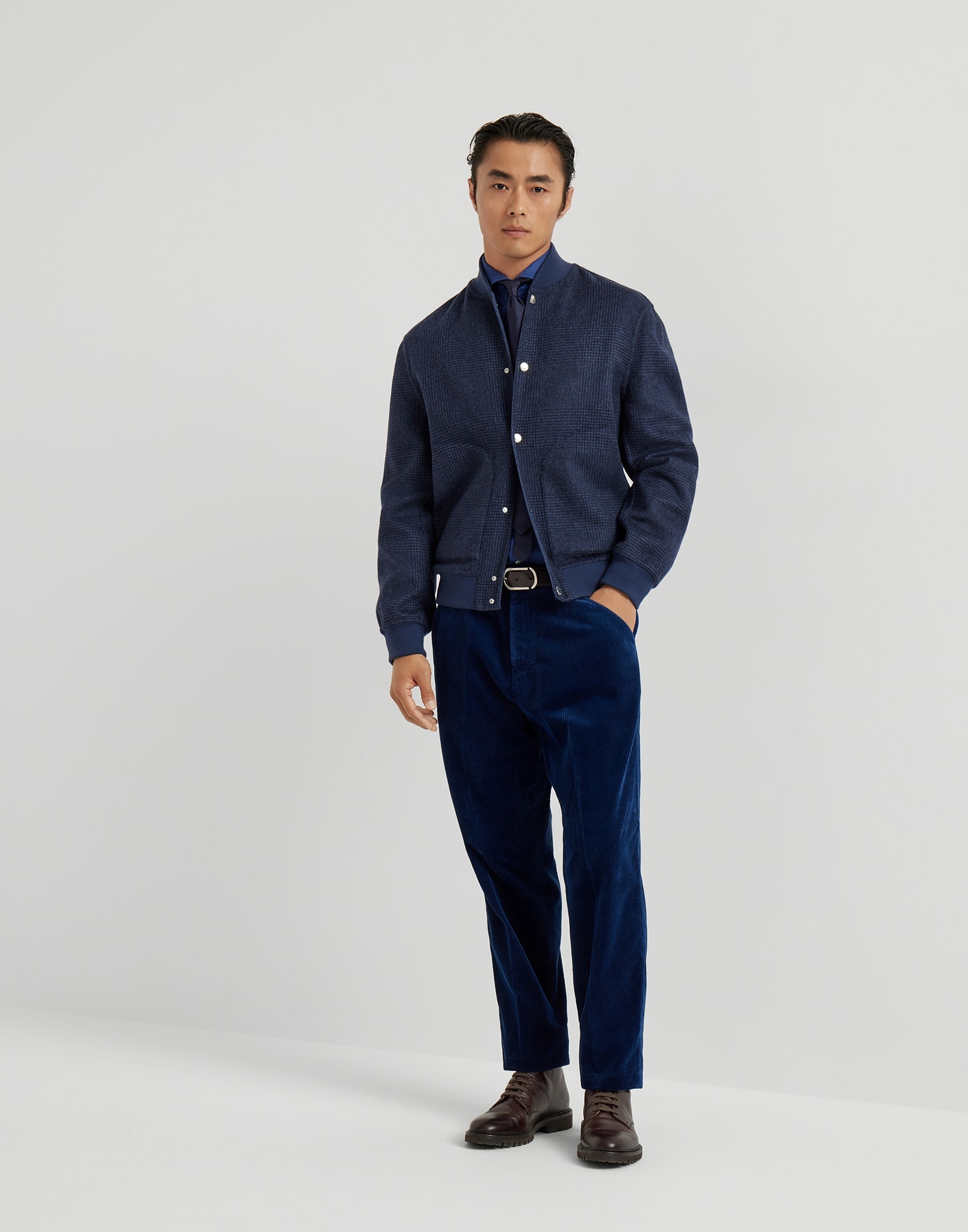 Stretch cotton chevron flannel slim fit shirt with spread collar - 5