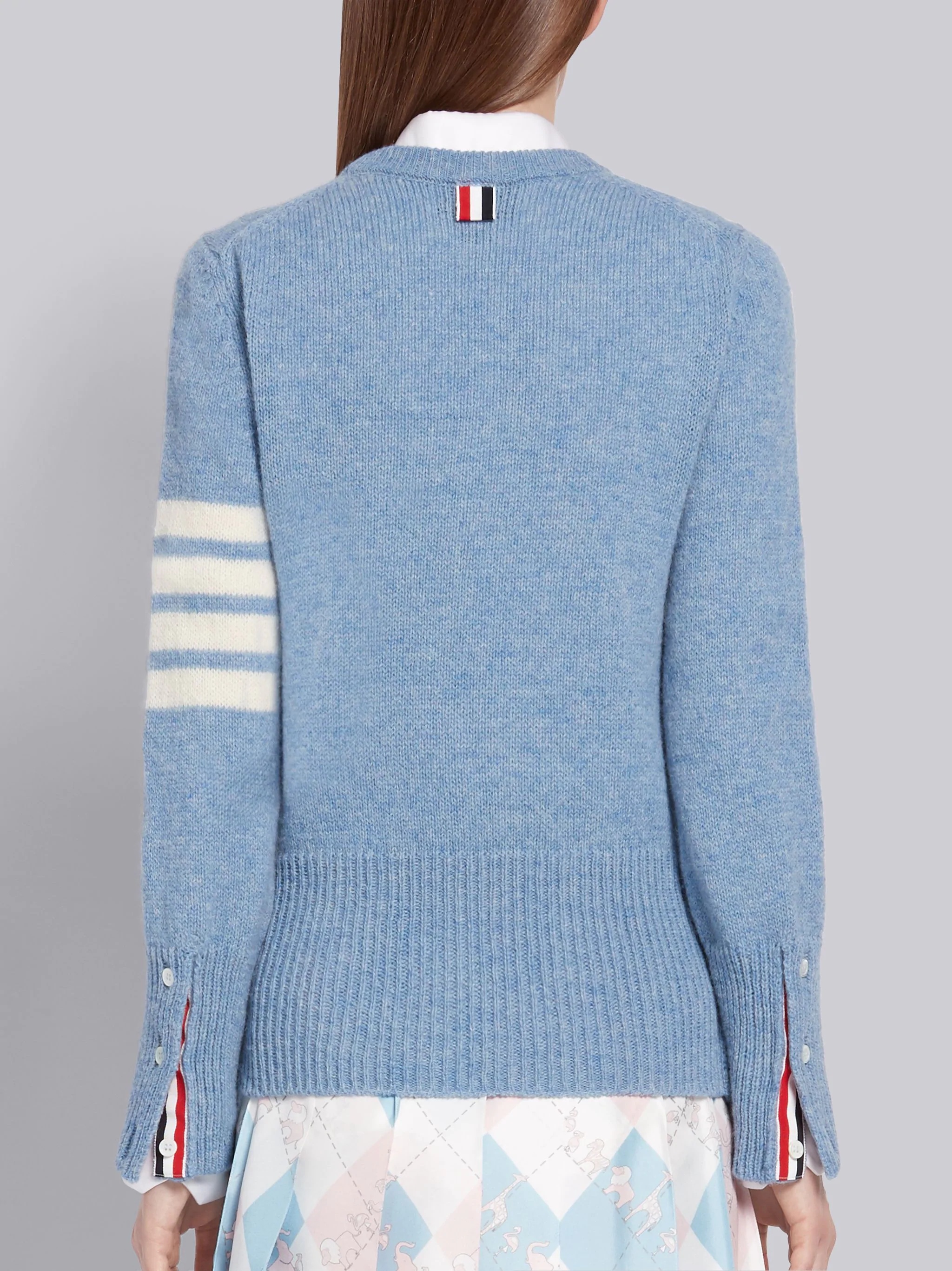 Light Blue Shetland Wool Jersey Classic Crewneck 4-Bar Pullover - 3