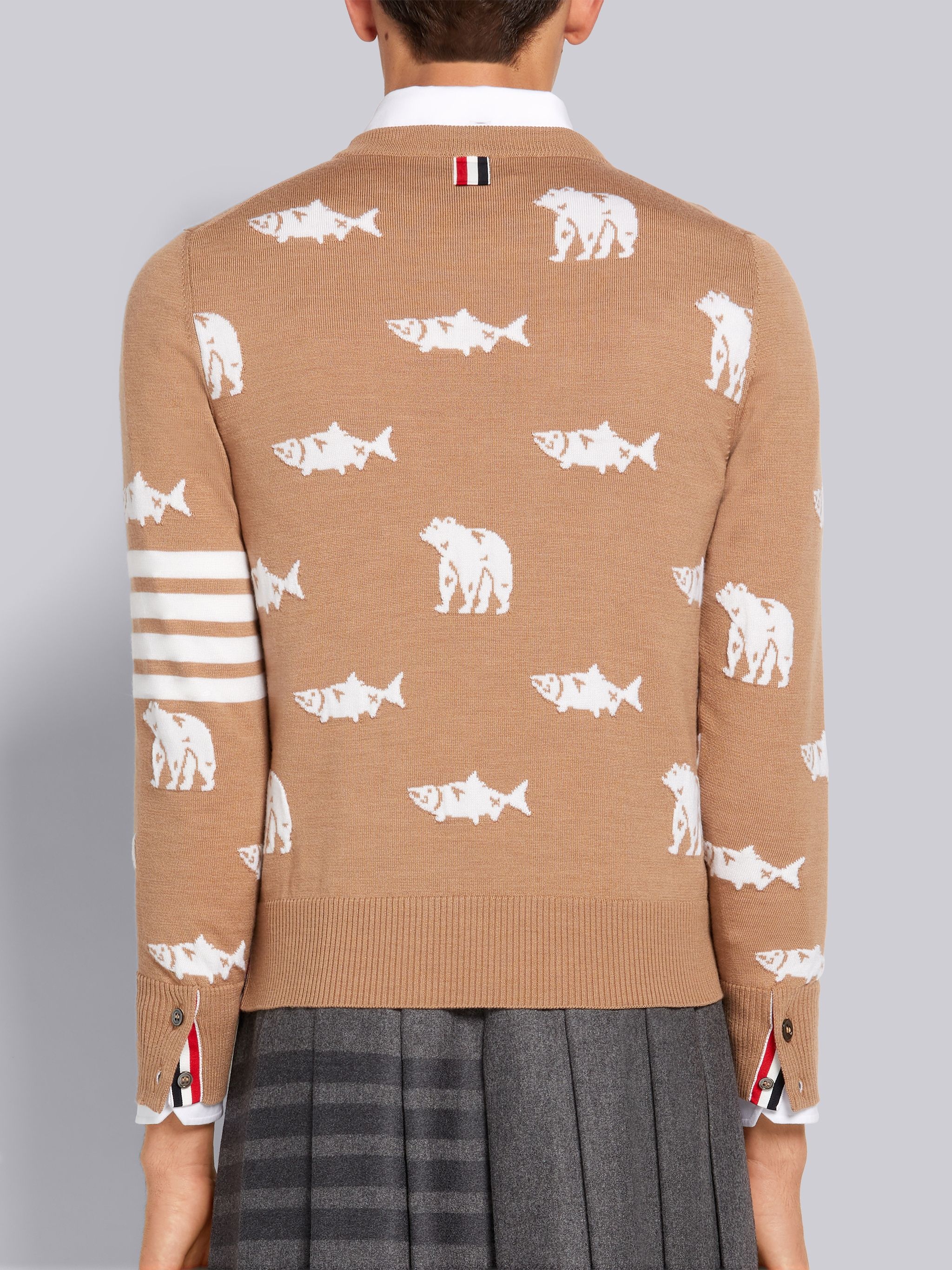 Camel Merino Wool Bear and Salmon Half Drop Intarsia 4-Bar Stripe Relaxed Fit Crew Neck Pullover - 3