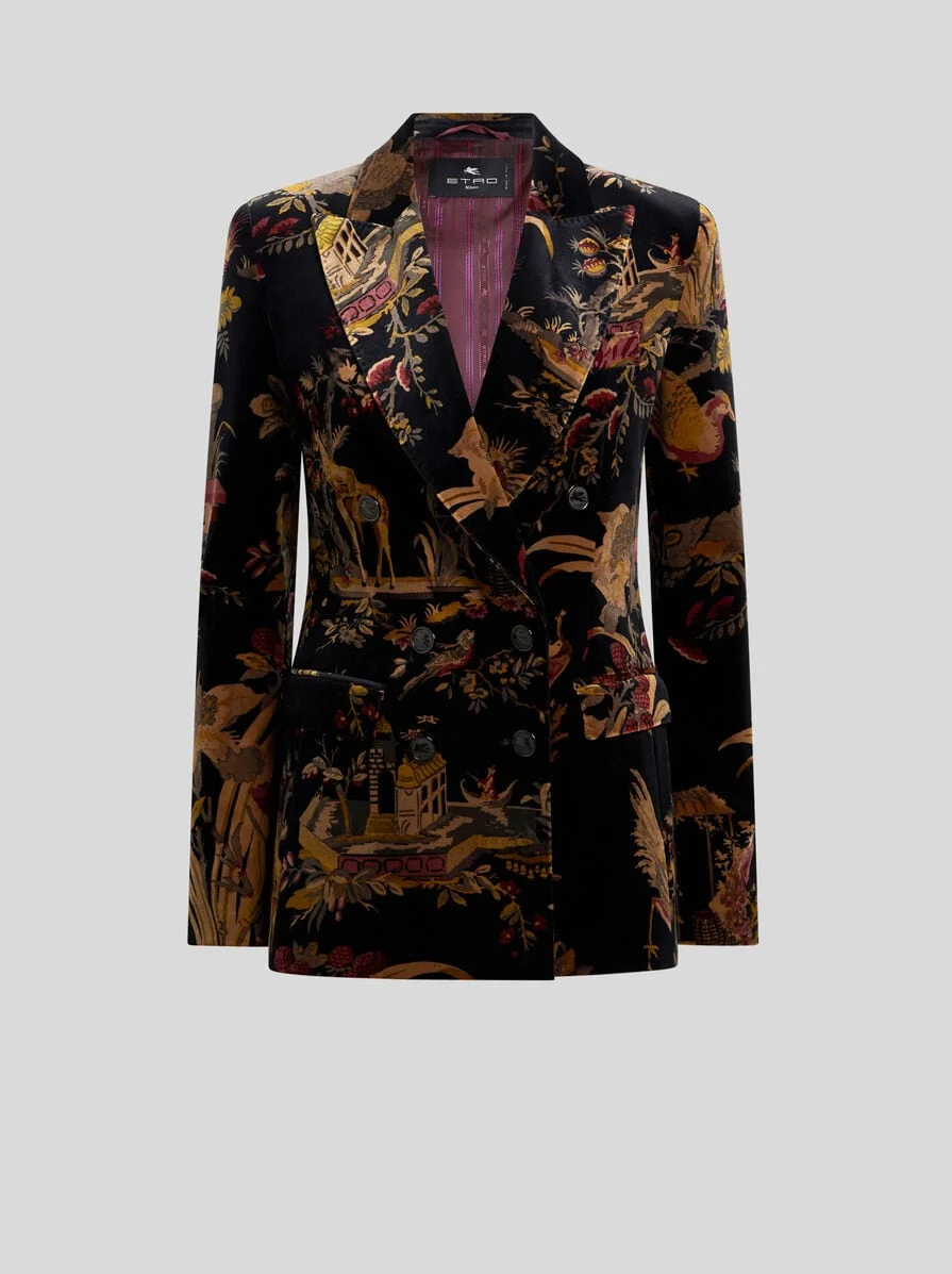 DOUBLE-BREASTED COTTON VELVET JACKET WITH FLOWER AND ANIMAL OVERPRINT - 1