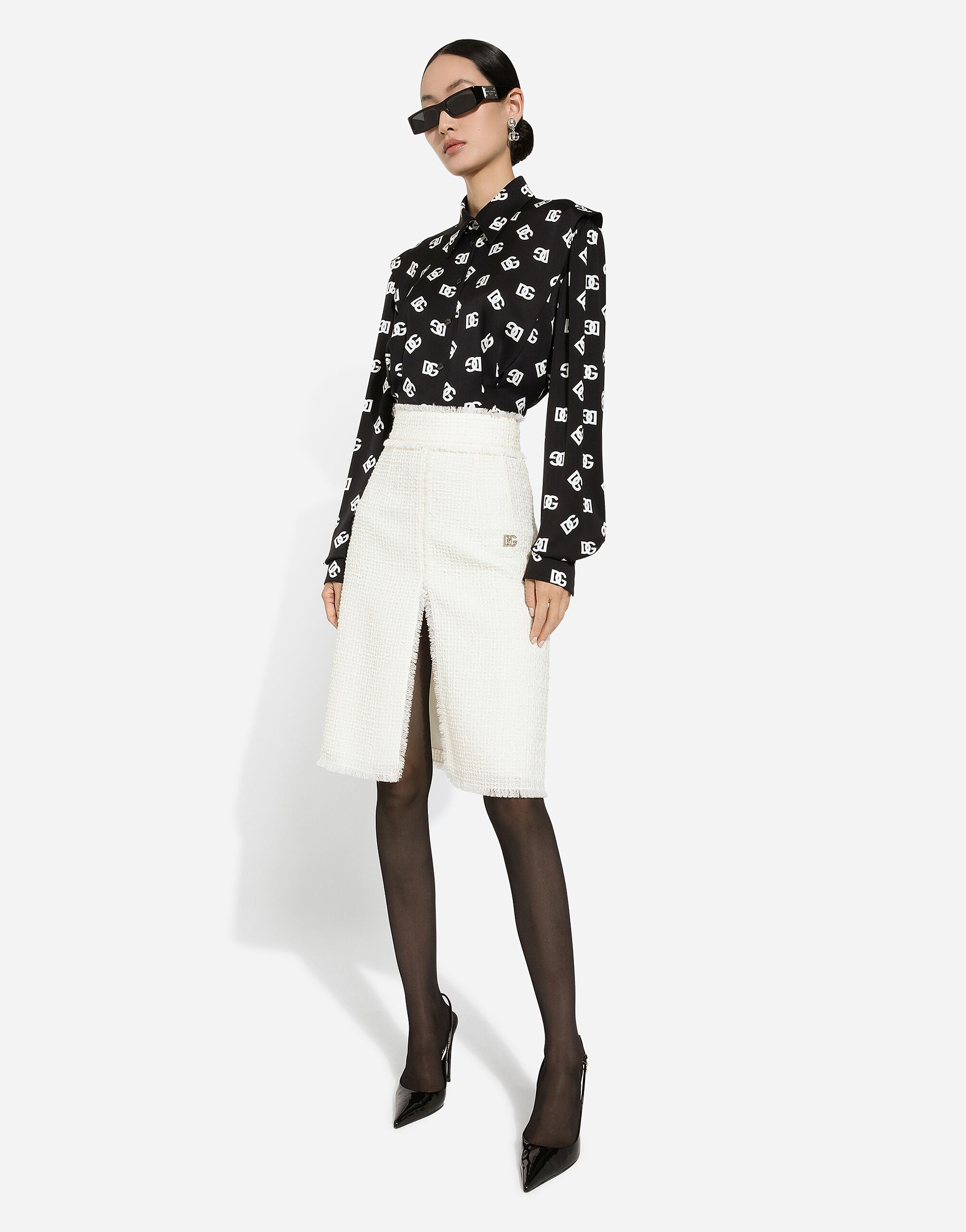 Raschel tweed midi skirt with central slit - 5