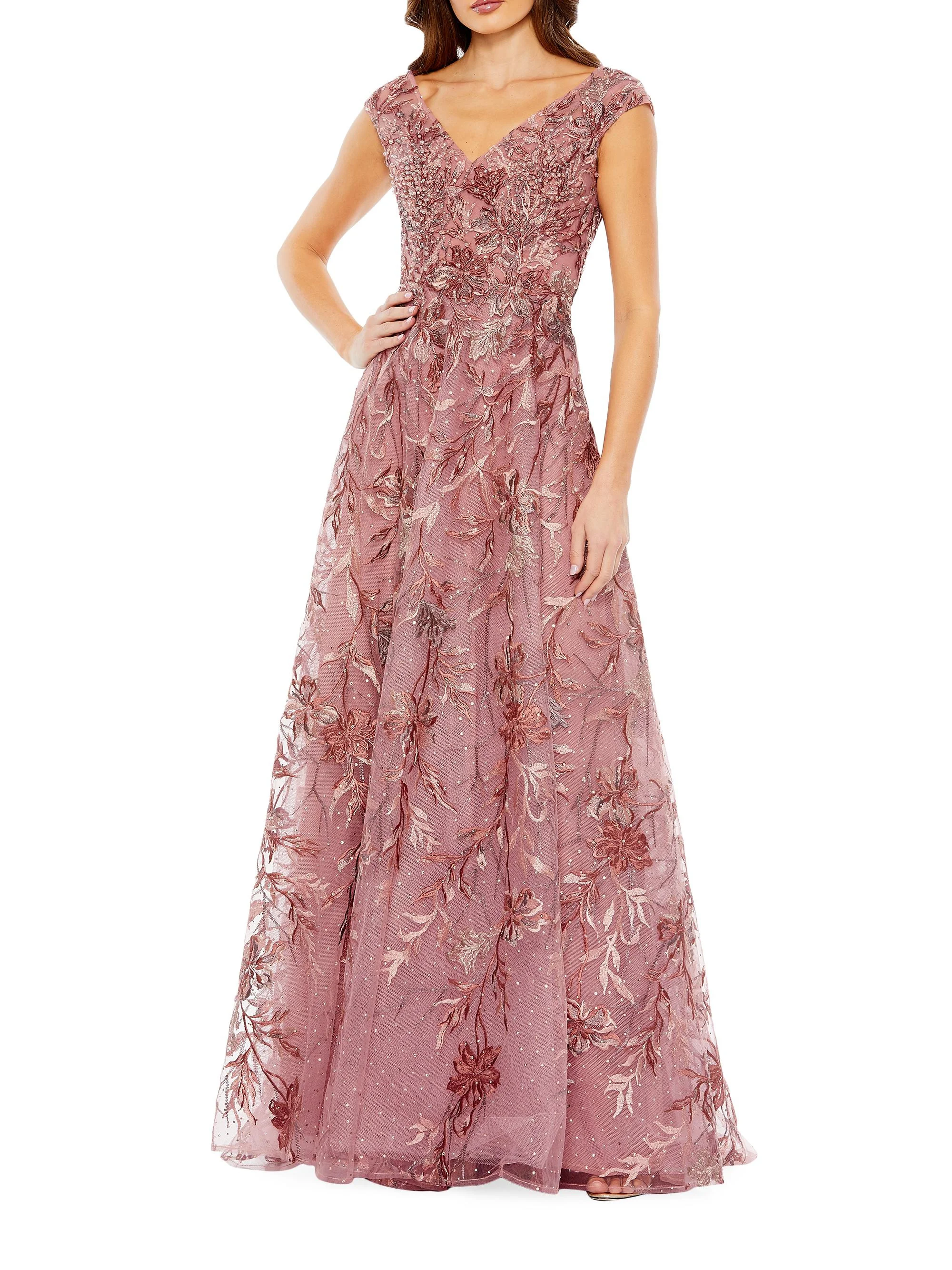 Women's Embellished Floral Cap-Sleeve Gown - Cinnamon - 1