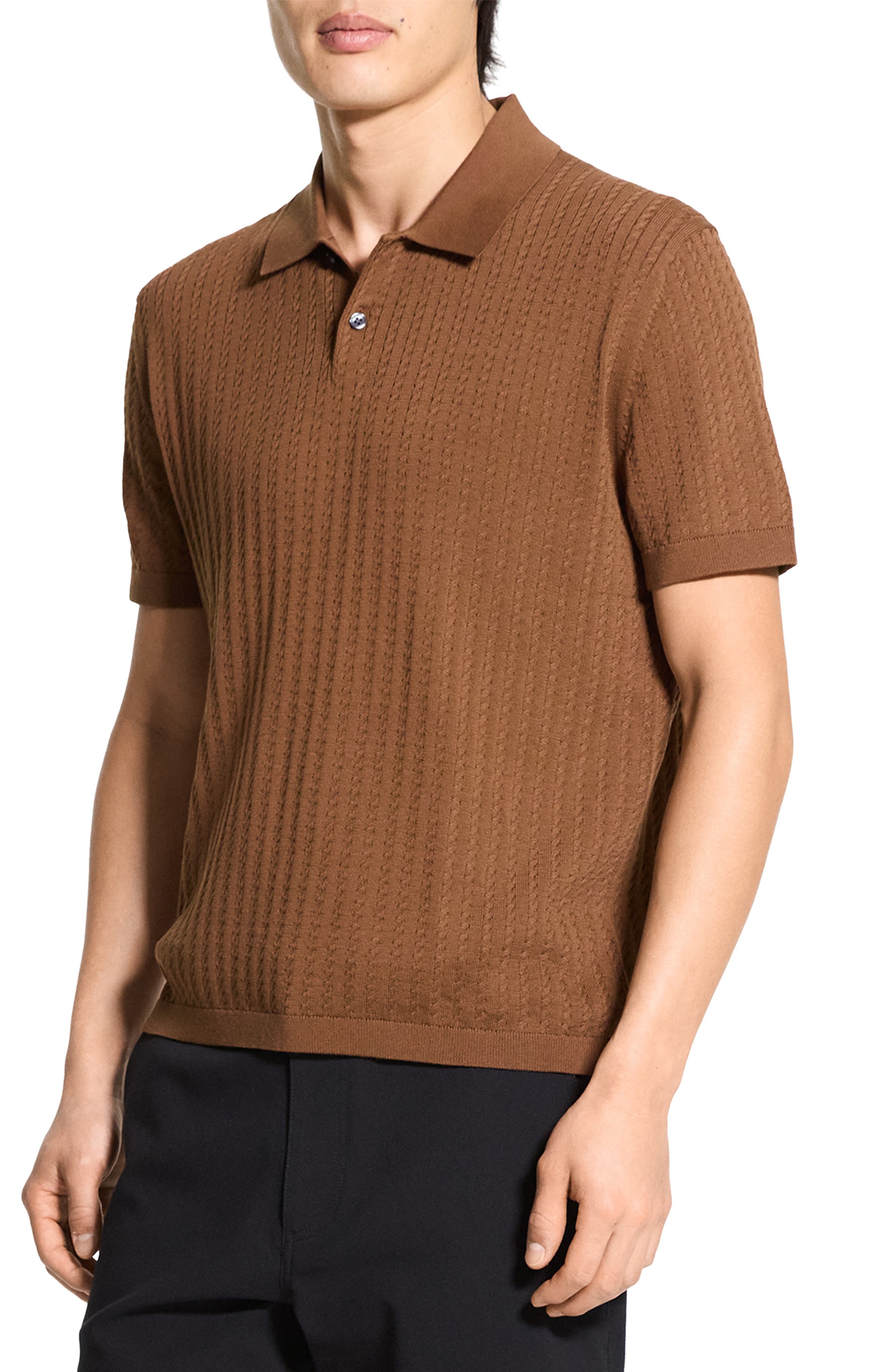 Theory Cable Short Sleeve Cotton Blend Polo Sweater in Deeptbcco at Nordstrom - 3