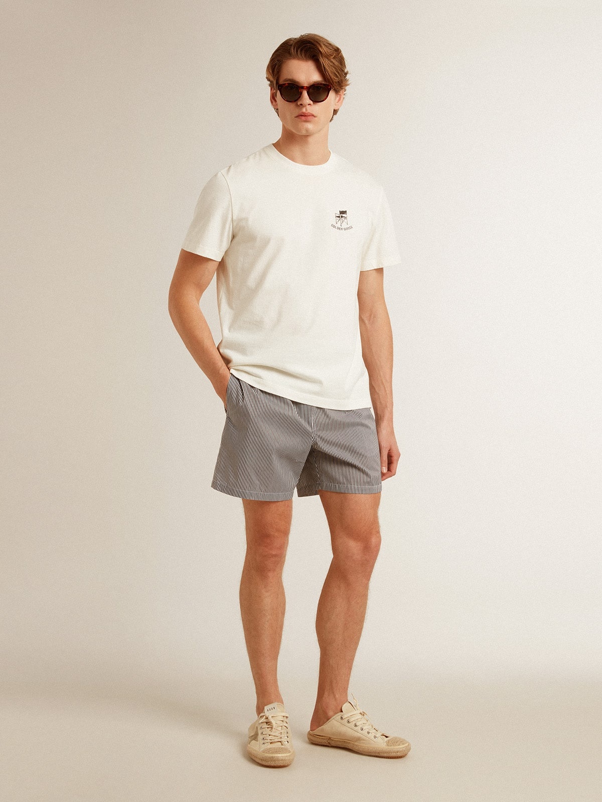Swim shorts in blue and white striped technical fabric - 4