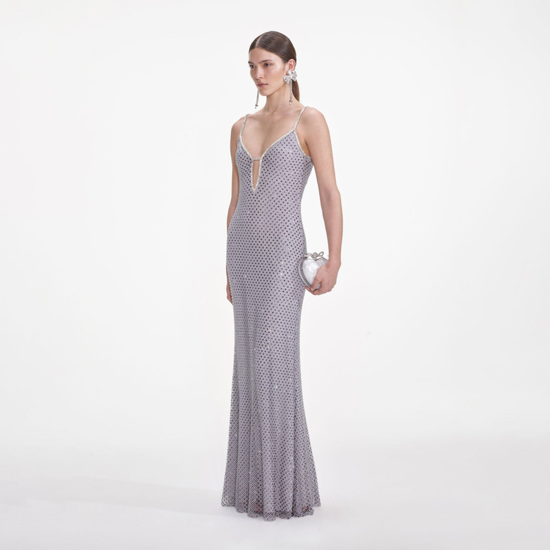 Grey Square Rhinestone Fishnet Maxi Dress 2