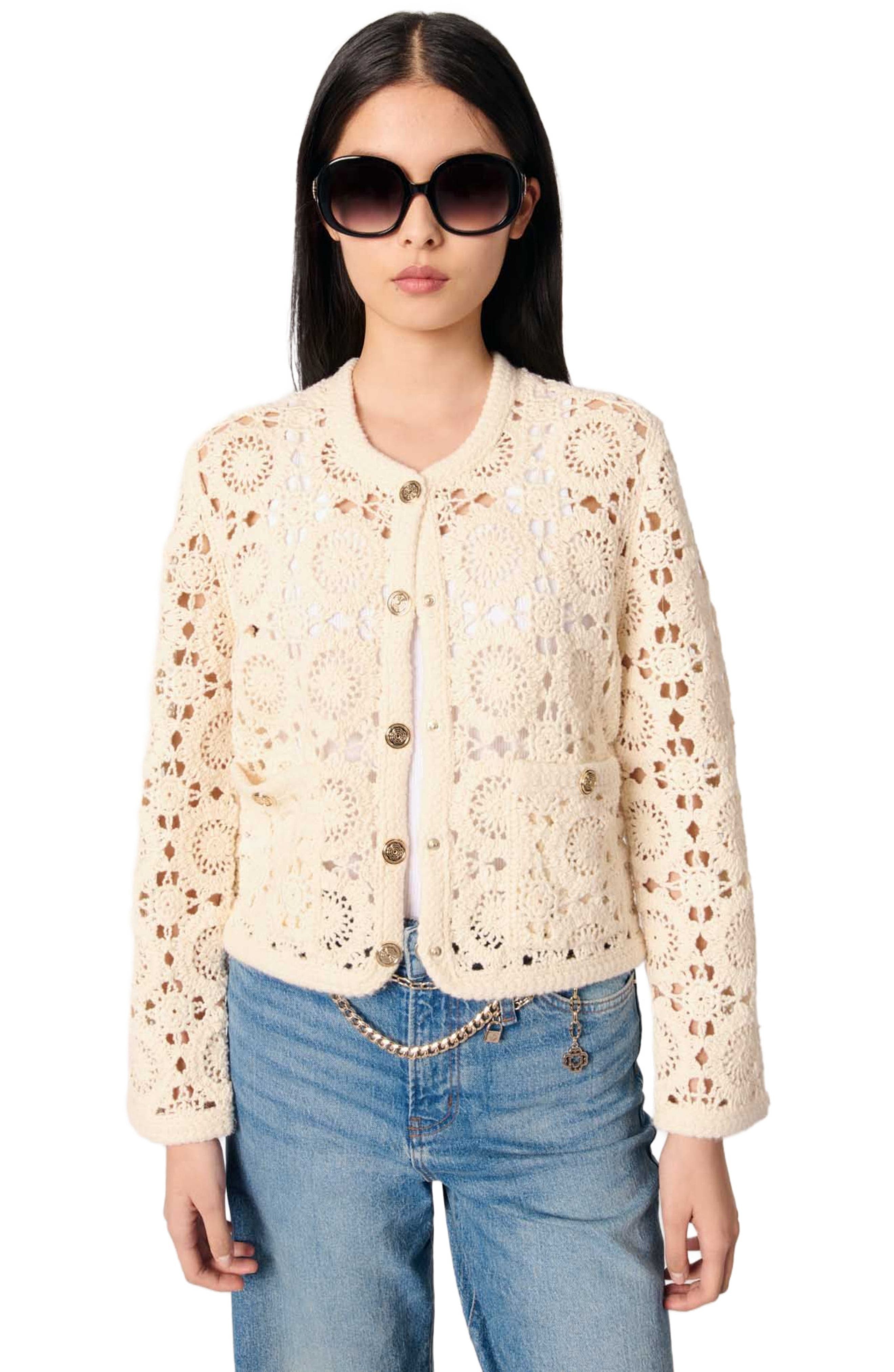 maje Crocheted cropped cardigan in Ecru at Nordstrom - 4
