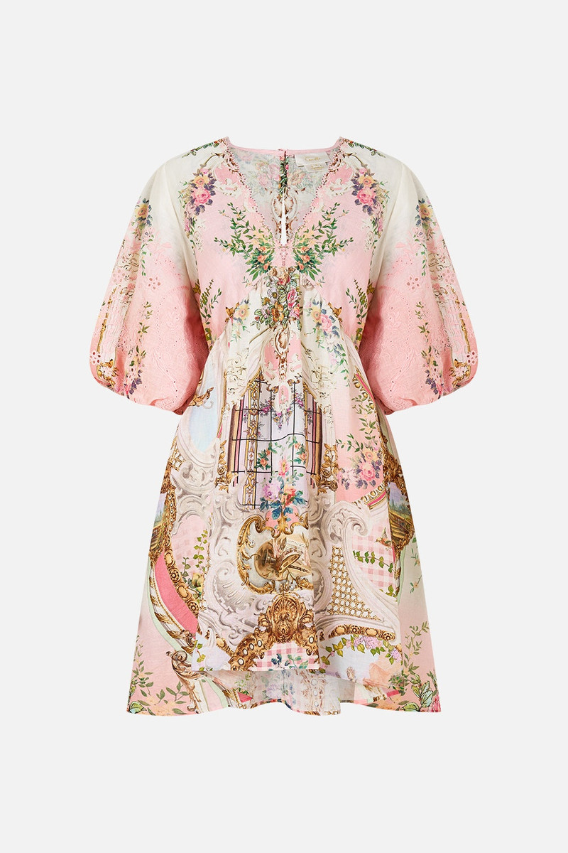 V NECK PUFF SLEEVE SHORT DRESS - 1