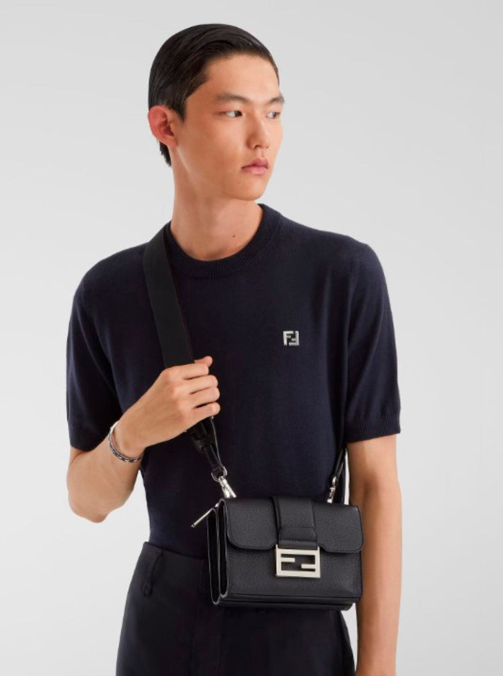Fendi Men 'Baguette Double' Black Crossbody Bag With Ff Plaque On The Front In Hammered Leather Woma - 6