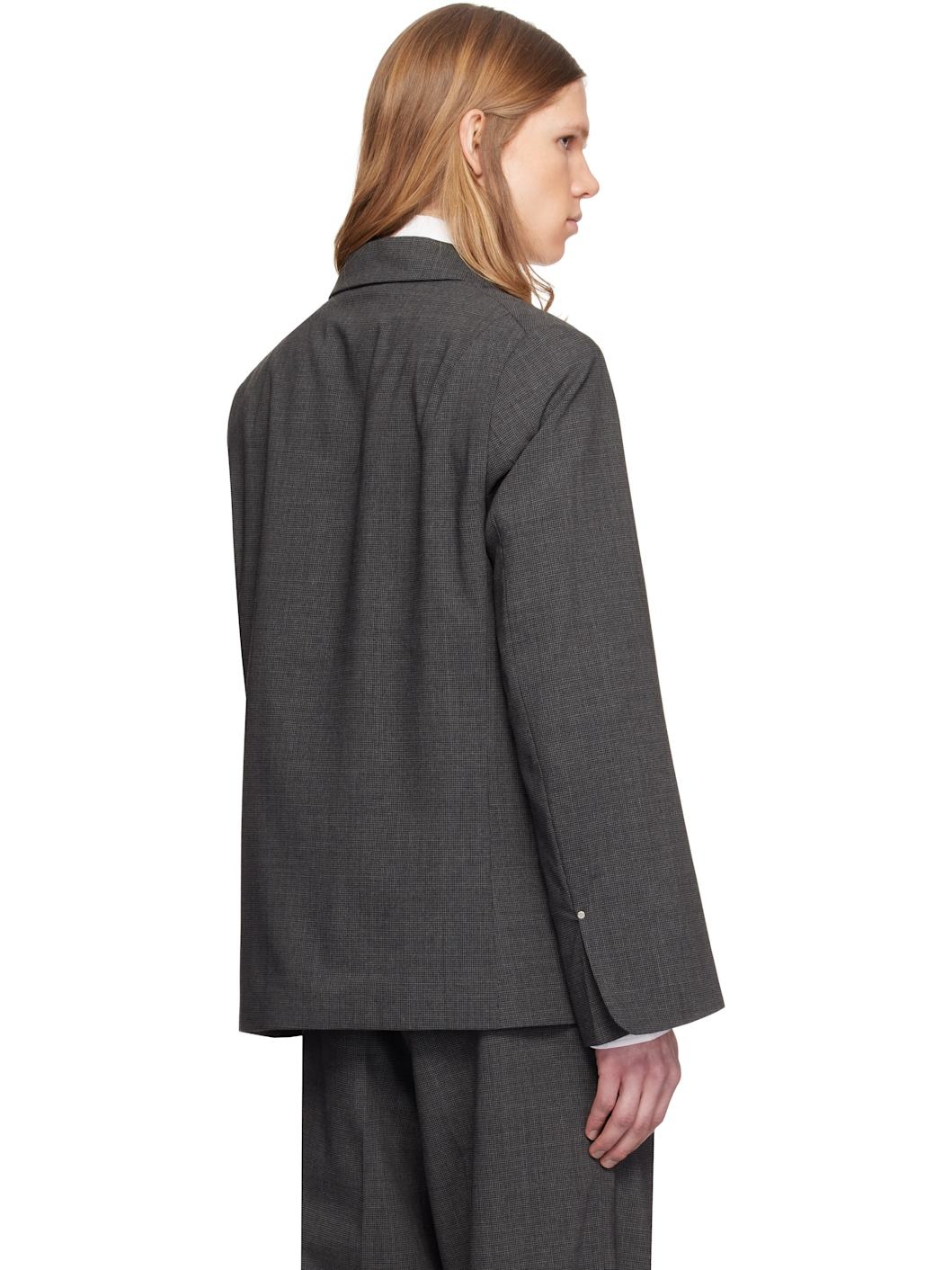 Gray Houndstooth Wool Blend Double Breasted Blazer - 3