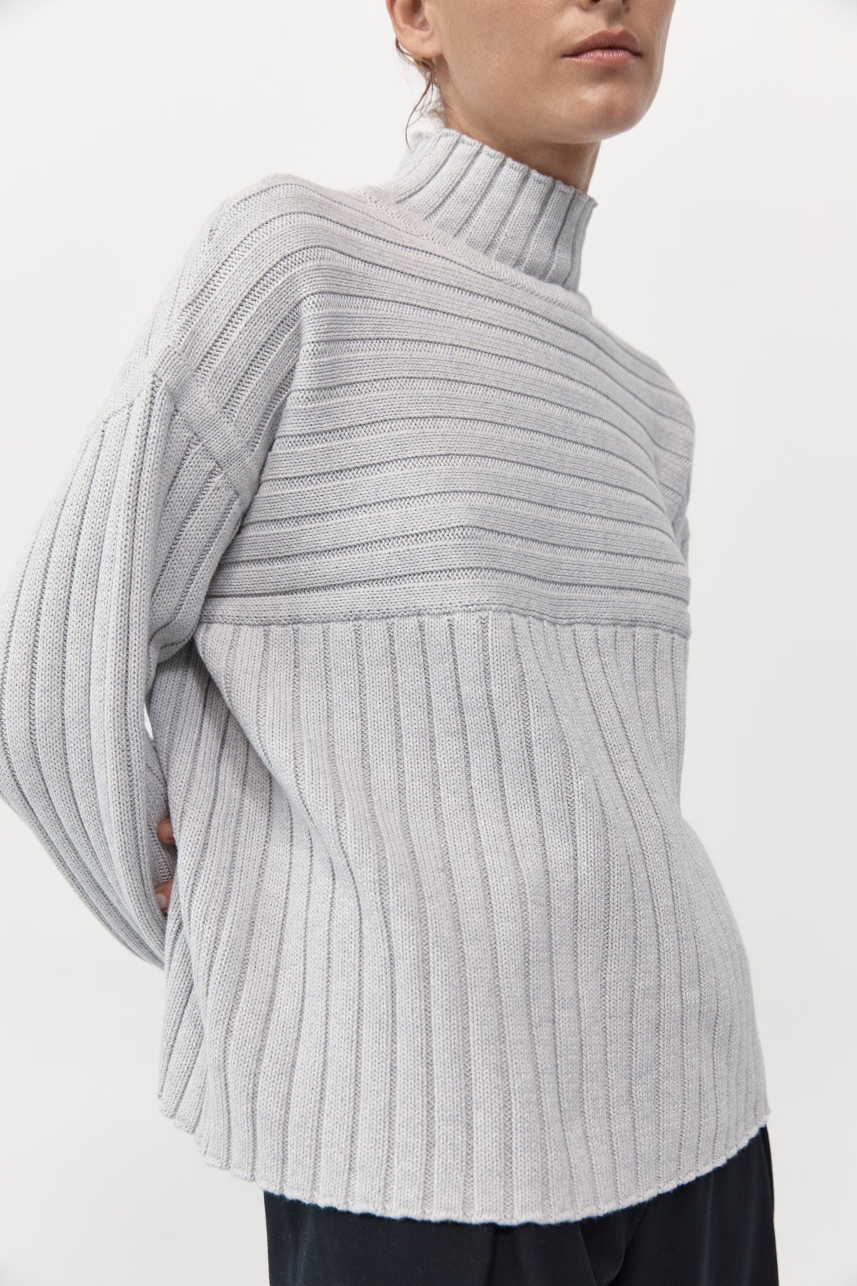 Mock Neck Rib Knit Jumper - Soft Grey - 1