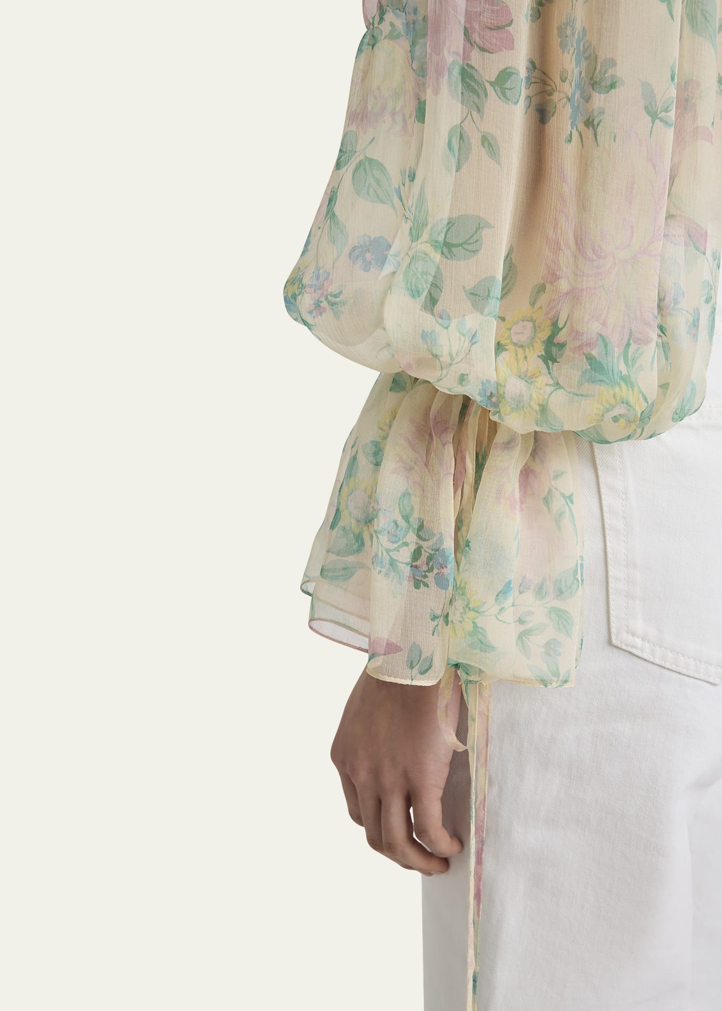 Floral Silk Balloon-Sleeve Button-Down Top - 5