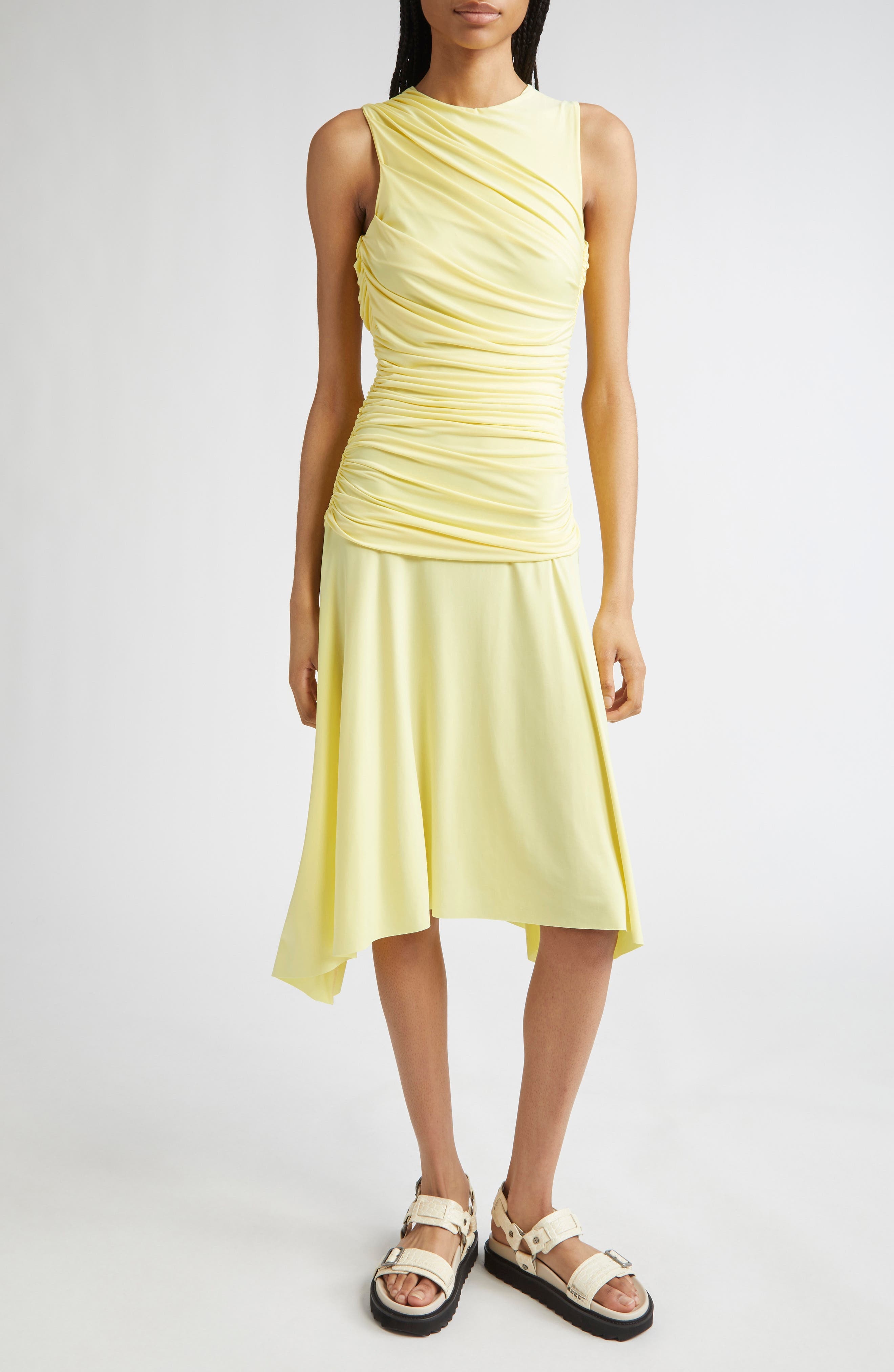 Siedrés Nuina Ruched Open Back Jersey Midi Dress in Yellow at Nordstrom - 1