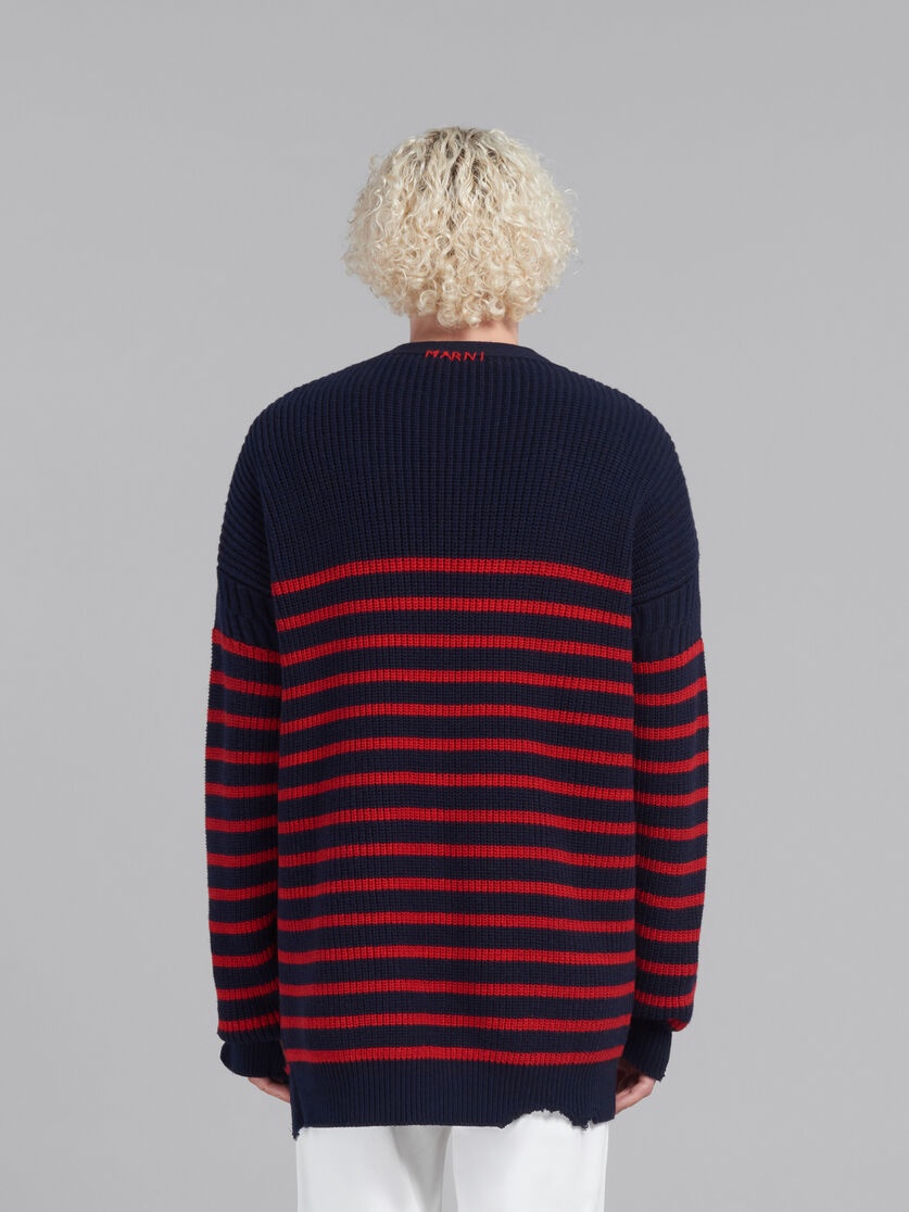 BLUE WOOL AND COTTON STRIPED FISHERMAN CARDIGAN - 3