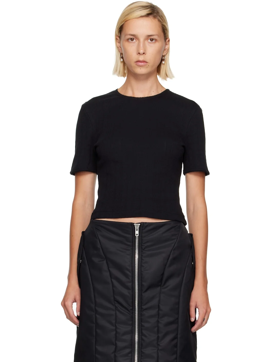 Black Cropped Pointelle T-shirt - 1